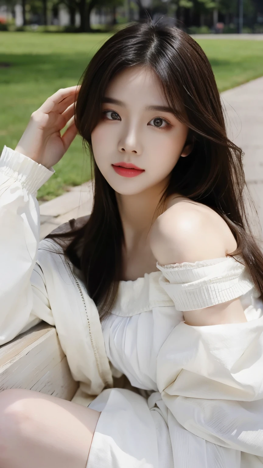 ((Masterpiece, RAW Photo, high quality, super detailed)), 1 girl, best quality, Delicate face,Delicate face,Perfect face, ((lying silkworm eyes)), pale skin, (realistic, photo-realistic:1.3), simple outfit, in the modern park