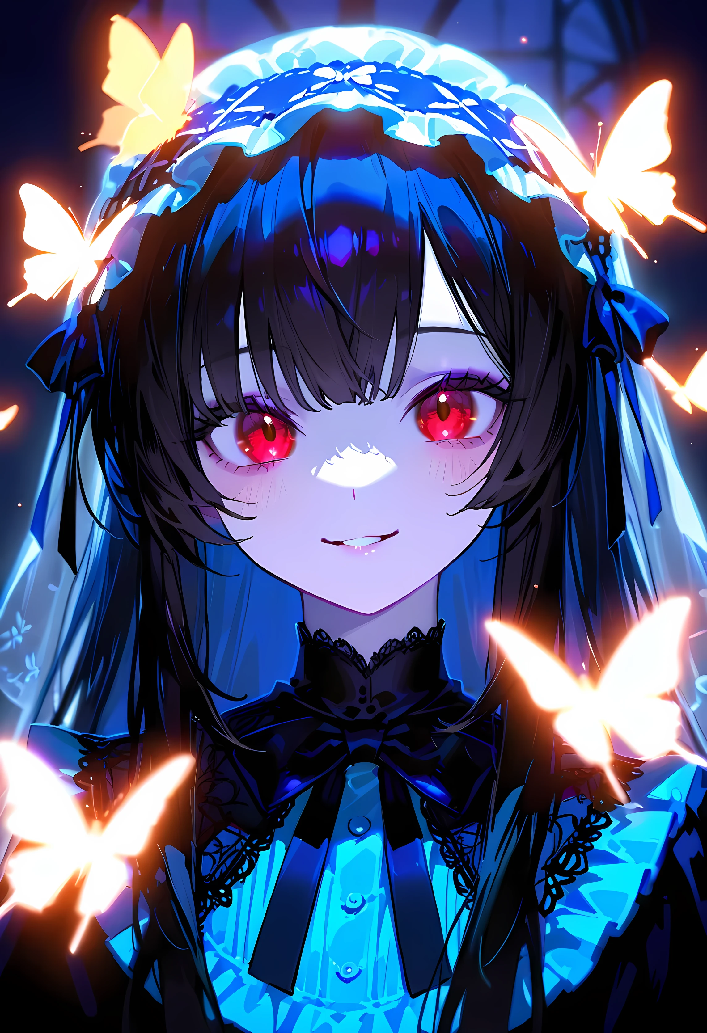 masutepiece, Highest Quality, (Perfect face:1.1), (high detailing:1.1), (ultradetailed eyes), Dramatic, superfine illustration, Extremely detailed, 1girl in, (pale skin), long black Hair, Ethereal eyes, red eyes,tareme, (light eyebrow),blush,Solo, Smile, Open mouth,Pouty lips,Cinematic lighting, Looking at Viewer, Gothic ta, frilld, bow ribbon,Head dress, veil, pretty face, pretty details , glowing details, very detailed, butterflies , glowing butterflies, butterflies , detailed bangs, better hair,, glowings eyes, anime style , magical , red eyes