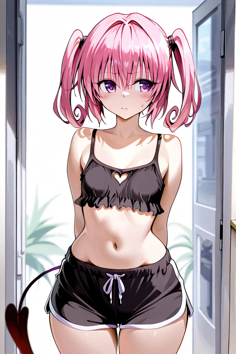 1girl, solo, tennouji rina, short hair, pink hair, ahoge, blush, looking at viewer, expressionless, small breasts, perfect face,top-quality, ultra-quality,e, top-quality、Full limbs、complete fingers、Slender beauty、straight haired、short-hair、School swim wear、Small eyes、Infirmary