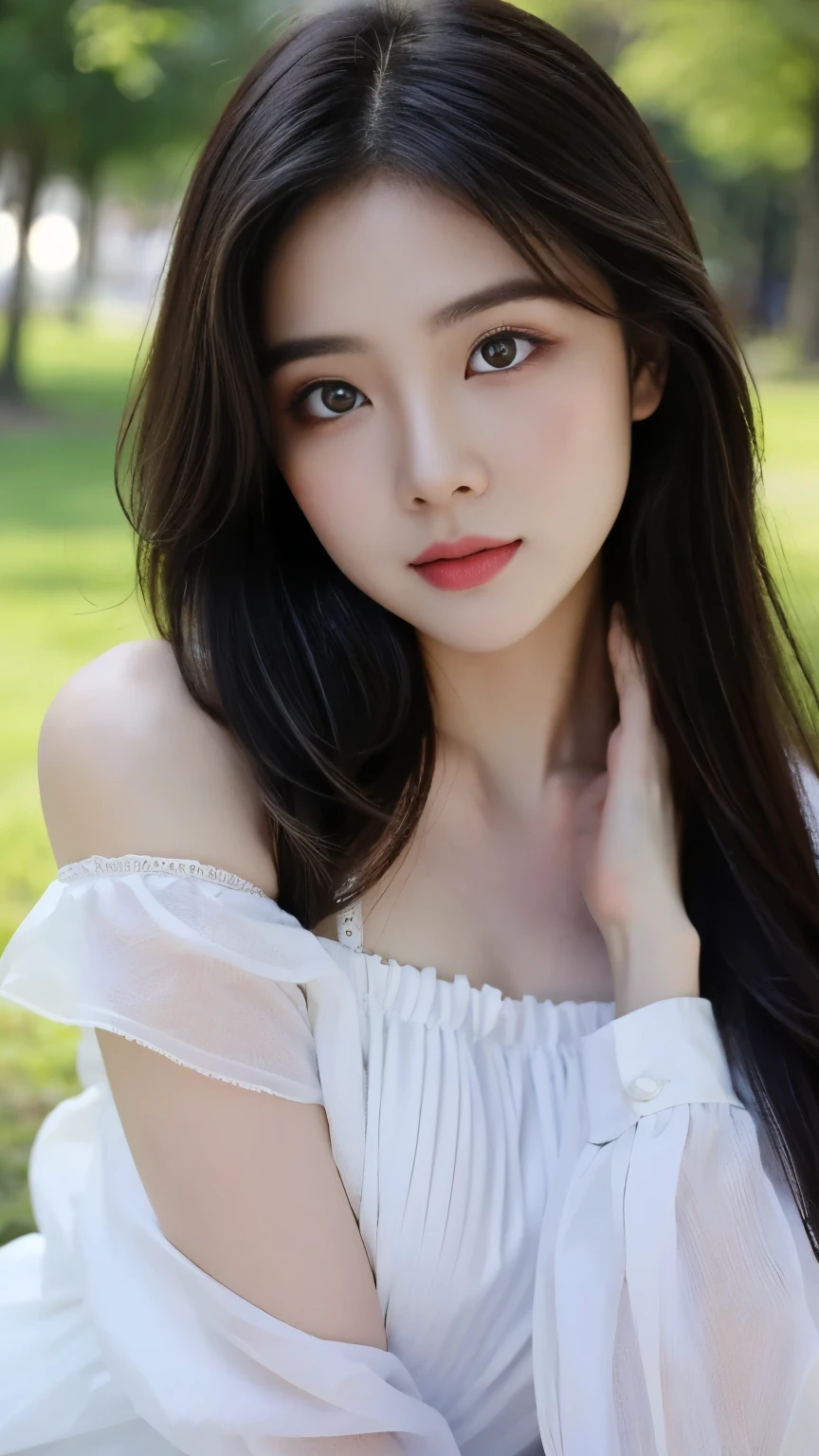 ((Masterpiece, RAW Photo, high quality, super detailed)), 1 girl, best quality, Delicate face,Delicate face,Perfect face, ((lying silkworm eyes)), pale skin, (realistic, photo-realistic:1.3), simple outfit, in the modern park, full body photography