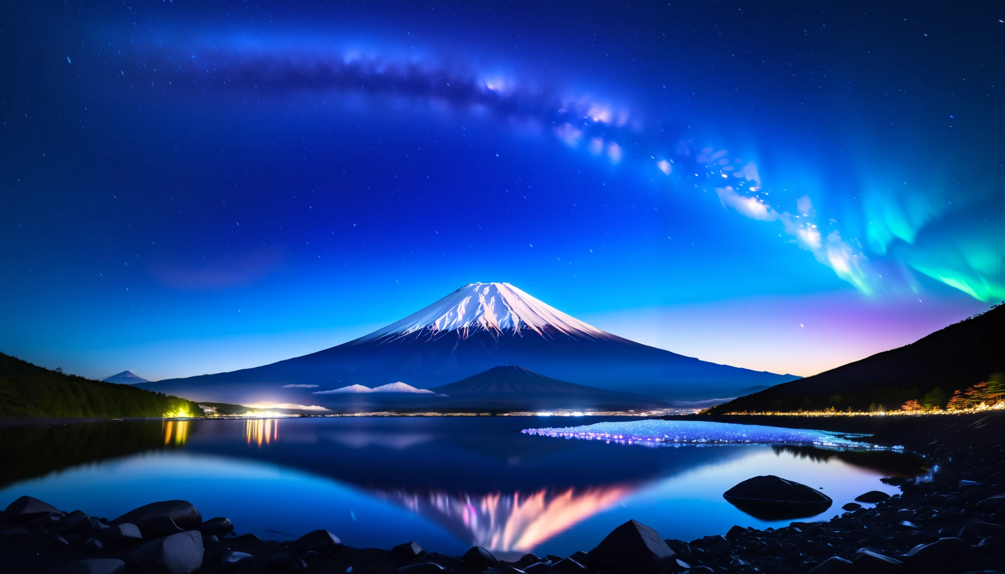 in ultra high quality, high definition , High Quality ,Spectacular views, the giant and realistic Milky Way galaxy that dazzles the night sky , sky full of stars,An unbelievable number of stars々The brilliance,(A majestic, bright Milky Way star on a vast glacier々and the auroras shine are reflected )、(( the huge Mt. Fuji that rises in the center )),((The huge and majestic Mt. Fuji))、The glacier extends to the horizon 、 Jagged ice layers and snow-covered mountain peaks 、 reflects the colorful light above 。 BREAK The stars twinkle in the dark and clear sky 、 The surrounding landscape is wrapped in the surreal glow of the Milky Way 、 creates a mysterious atmosphere 。 BREAK The cool and clear air adds color to the landscape 、 snow shines in the milky way and the gentle light of auroras、 The frozen wilderness is so calm that it seems unbelievable。An unbelievable amount of stars々,I can see lots of meteor showers ,