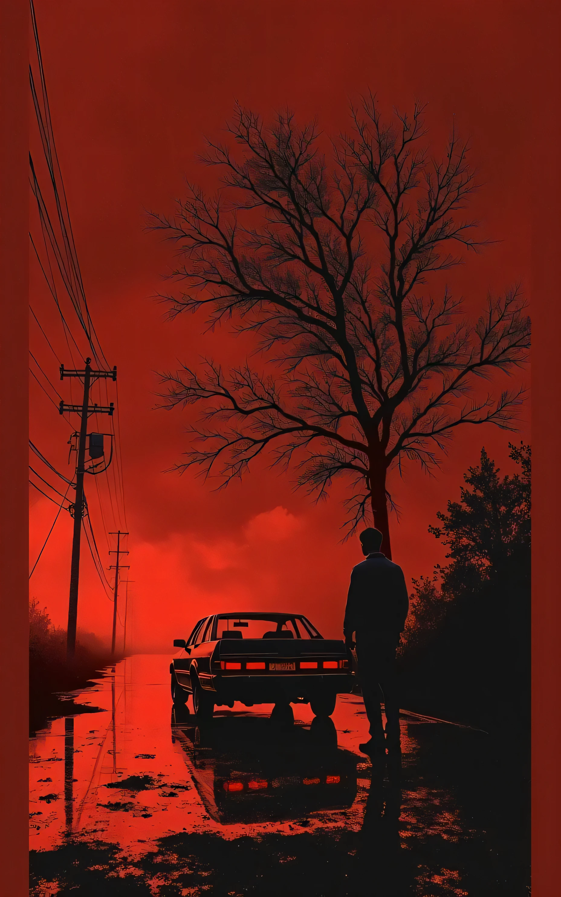 Foggy red atmosphere, pickup truck in scene, on road, tree shadows, cloudy sky, dim, gloomy, high detail 