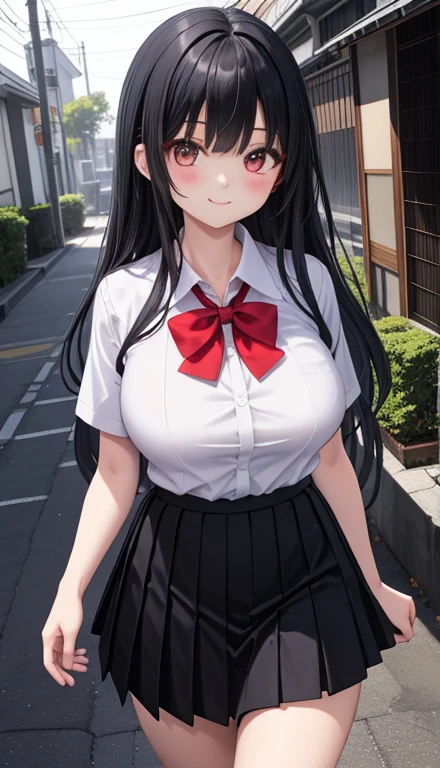 ((masterpiece)),(best quality),official art,extremely delicate and beautiful,extremely detailed CG,unity 8k wallpaper,ultra detailed,beautiful detailed eyes,extremely detailed face,outdoors,1girl,solo,cowboy shot,looking at viewer,facing viewer,smile,(petite:1.2),Chitose Mayu,very long hair,black hair,straight hair,sidelocks,bangs,blue eyes,collarbone,school uniform,white shirt,collared shirt,dress shirt,red bowtie,striped bowtie,huge breasts,short sleeves,sleeves rolled up,shirt tucked in,miniskirt,black skirt,pleated skirt,black pantyhose,loafers,brown footwear,<lora:Chitose Mayu(iq)>,