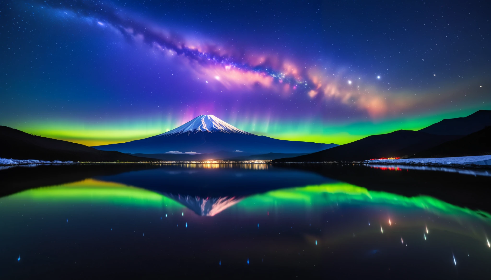 in ultra high quality, high definition , High Quality ,Spectacular views, the giant and realistic Milky Way galaxy that dazzles the night sky , sky full of stars,An unbelievable number of stars々The brilliance,(A majestic, bright Milky Way star on a vast glacier々and the auroras shine are reflected )、(( the huge Mt. Fuji that rises in the center )),((The huge and majestic Mt. Fuji))、The glacier extends to the horizon 、 Jagged ice layers and snow-covered mountain peaks 、 reflects the colorful light above 。 BREAK The stars twinkle in the dark and clear sky 、 The surrounding landscape is wrapped in the surreal glow of the Milky Way 、 creates a mysterious atmosphere 。 BREAK The cool and clear air adds color to the landscape 、 snow shines in the milky way and the gentle light of auroras、 The frozen wilderness is so calm that it seems unbelievable。An unbelievable amount of stars々,I can see lots of meteor showers ,