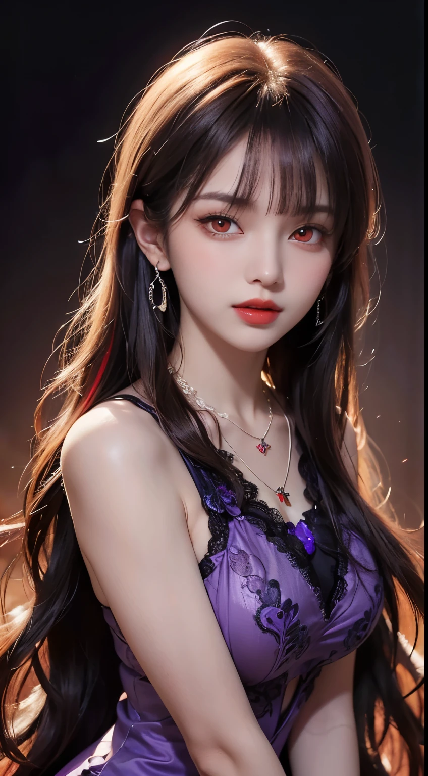 A beautiful and sexy 20 year old girl, wearing a super thin red dress, ((long hair and seven-colored bangs:1.6)), the most detailed jewelry and beautiful hair, ((wears purple lace necklace:1.6) )), Super cute small face, very pretty face, thin eyebrows, flawless beautiful face, ((black eye pupil: 0.8)), very beautiful eyes, ((red eyes pale:1.5)), beautiful makeup and detailed eyelashes, steamy eye makeup, high nose, earrings, red lips, ((closed mouth:1;5 )) beautiful lips, slim hands, most beautiful thighs, ((arms spread out to the sides: 1.5)), rosy face, clean face, flawless beautiful face, smooth white skin, (big breasts: 1.5)), ((high breasts: 1.6)), Breasts plump, beautiful cleavage, ((big and super round breasts: 1.8))), ((super tight breasts: 1.5)), beautiful breasts, back arms, beautiful girl's upper body, 8k photo, quality super high, hyper realistic, 10x super pixel, photorealistic, dark studio, light edges, two-tone bright, (high detail skin:1.2), super 8k, soft light, high quality, lighting volumetric, realistic, Photo, high resolution, light, best photo, 4k, 8k quality, blur effect, Smooth and sharp, 10 x pixels, (galaxy: 1.7), aurora, lightning, surreal graphics, most realistic graphics, alone, solo, Extremely sharp, surreal images, (((frontal portrait:1.3)))."
