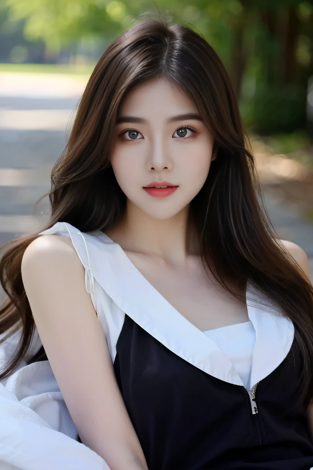 ((Masterpiece, RAW Photo, high quality, super detailed)), 1 girl, best quality, Delicate face,Delicate face,Perfect face, ((lying silkworm eyes)), pale skin, (realistic, photo-realistic:1.3), simple outfit, in the modern park, (full body photography), ombre hair, brown red hair