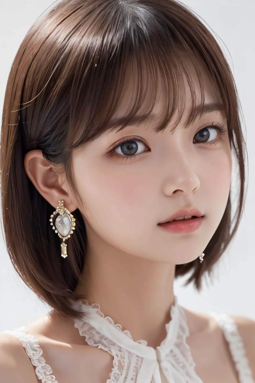 1girl, (a beauty girl, delicate girl, beautiful girl, innocent girl:1.3), (18yo:1.3),
break, (frilly dress, red jewel earring:1.3), (cowboy shot),
break, (white background:1.3),
break, very fine eyes, (symmetrical eyes:1.3),
break, (flat breasts:0.5), (round face, ), (brown eyes), parted bangs, (brown hair),
break, (eyes and faces with detailed:1.0), face focus,
break, (masterpiece, best quality, ultra detailed, detailed face, 8k)