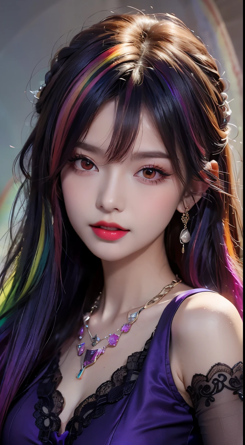 A beautiful and sexy 20-year-old girl, wearing an ultra-thin red dress, a diamond-embellished dress, ((long rainbow-dyed hair:1.6)), bangs, elaborate jewelry made from precious stones, and beautiful hair, ((wearing a purple lace necklace:1.6))), the aristocratic and aristocratic style of the girl is extremely beautiful, the small face is super cute, the face is very pretty, the eyebrows are thin, the flawless beautiful face, ((black eye pupils: 0.8)), very beautiful eyes, ((light red eyes: 1.5)), beautiful makeup and detailed eyelashes, steamy eye makeup , high nose, earrings, red lips, ((closed mouth: 1;5 )) beautiful lips, slim hands, most beautiful thighs, ((arms spread out to the sides: 1.5)), rosy face, clean face , flawless beautiful face, smooth white skin, (big breasts: 1.5)), ((high breasts: 1.6)), Plump breasts, nice cleavage, ((big and super round breasts: 1.8))), ((super tight breasts: 1.5)) , beautiful breasts, back arms, beautiful girl's upper body, 8k photo, super high quality, super realistic, 10x super pixel, optical, dark studio, light border, two-tone light, (high detail skin:1.2), super 8k, soft light, high quality, volumetric lighting, realistic, Photo, high resolution, lighting, best photo, 4k quality, 8k, effects blur, Smooth and sharp, 10 x pixels, (galaxy: 1.7), aurora, lightning, surreal graphics, most realistic graphics, alone, solo, Extremely sharp, surreal images, ( ((frontal portrait:1.3)))."