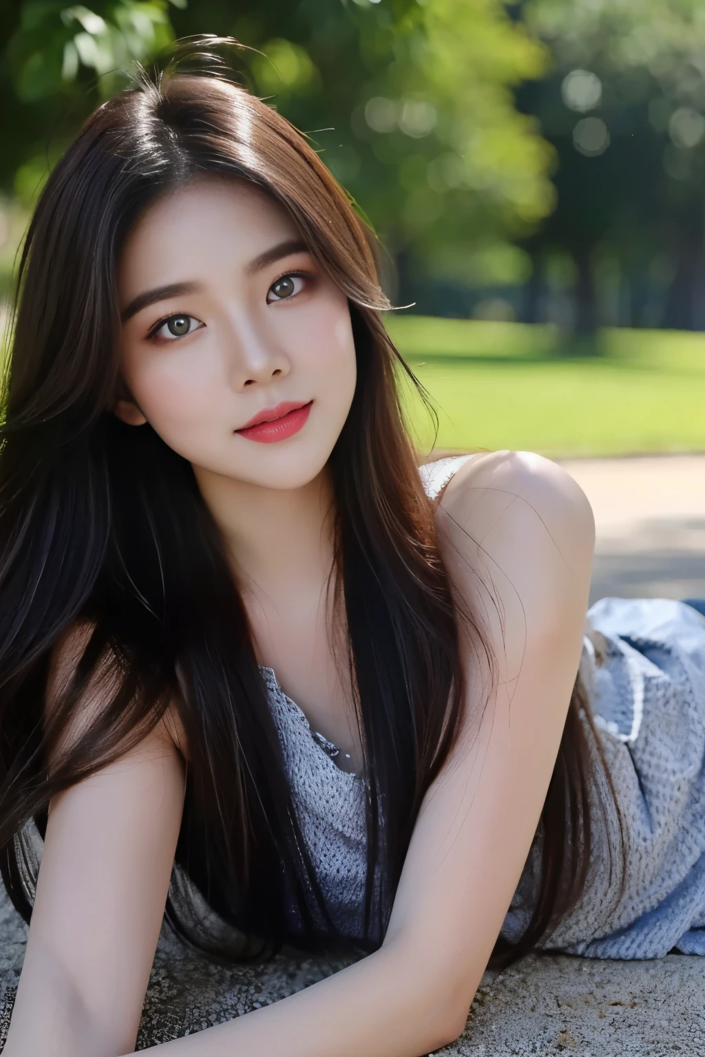 ((Masterpiece, RAW Photo, high quality, super detailed)), 1 girl, best quality, Delicate face,Delicate face,Perfect face, ((lying silkworm eyes)), pale skin, (realistic, photo-realistic:1.3), simple outfit, in the modern park, (full body photography), ombre hair, brown red hair