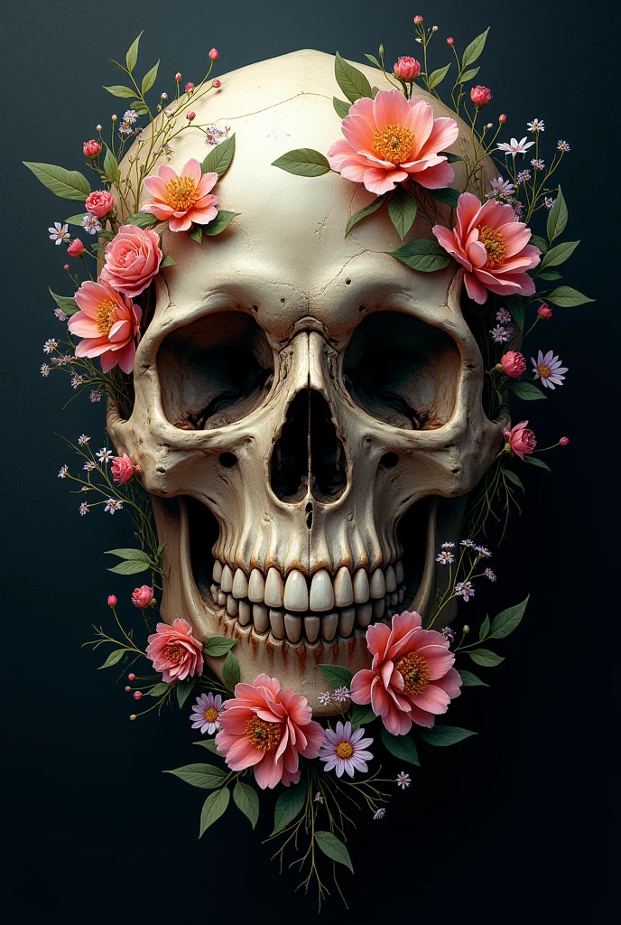 Floral Decorated Skull, low key lighting, Dark background, Detailed, macabre, art by dali, surrealist, Digital painting, Sharp focus, artstation