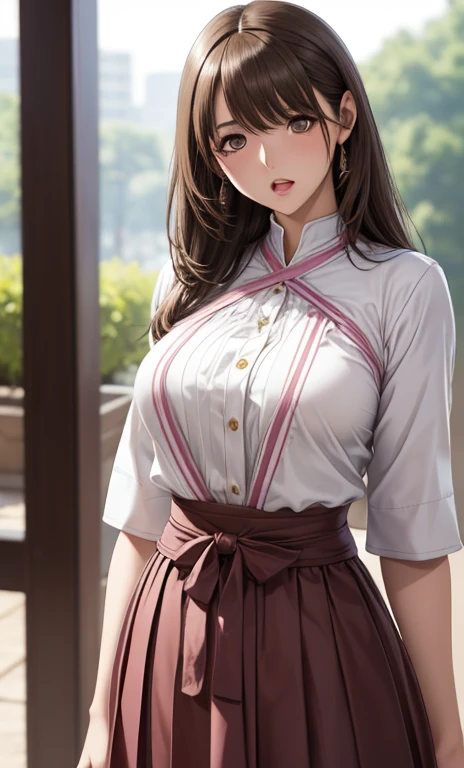 masterpiece, highest quality、High resolution, Bedroom, High-quality images, 8k, 1 female, (((Accurate Fingers))), (((left hand, fourth finger with ring))), Skin Radiance, Texture of skin and clothing, Expression of fine eyes, Shiny Hair, Girl with long brown hair, Manga inspired by Lee Jong-suk, Trending on deviantart, realism, detailed manga style, Manga art style, Perfect Line Drawing, Beautiful line art, digital manga art girl, K-POPアイドル, Beautiful brown eyes, Fuller lips, Gorgeous face with attention to detail, (Cute Smile), Charm, Innocent, Side view, (Perfectly detailed face), (Beautiful Hands) Photorealistic images, Written boundary depth, Japanese Princess Cut Hairstyle, ((best sunday dresses, blouse)), Tight waist