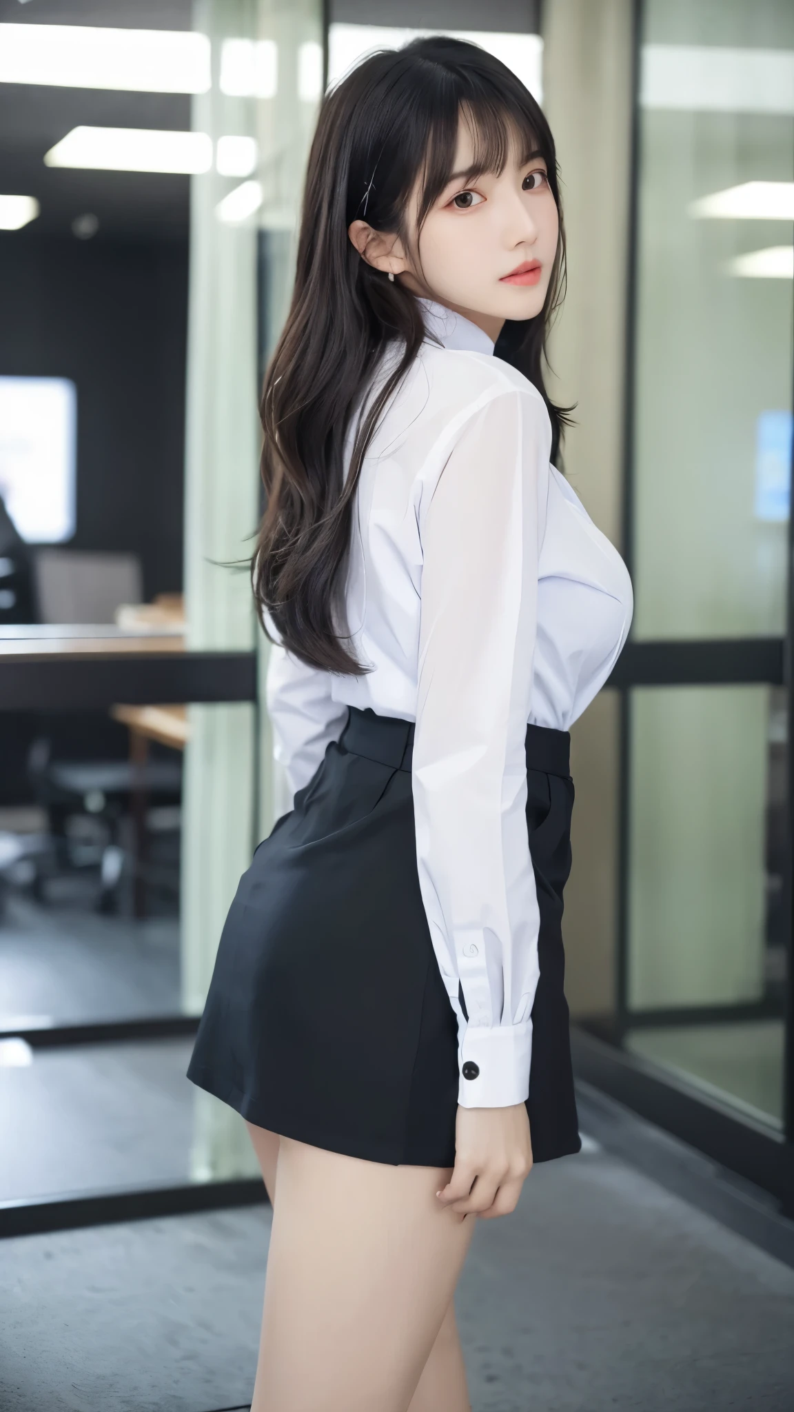((最 High Quality , 8k, masterpiece :1.3)), (( Super Big Breasts )), (((whole body)))、 black hair,OL、((secretary))、Office Background、Backwards、 standing、 dull bangs, hair behind the ear, shoulders with chocolate, long hair, Ultra Fine Face, Thin face, Delicate lips, beautiful eyes, Light blush,Perfect glowing skin, perfect skin,Perfect Legs、 Shining Sweat, see here, white Y shirt、 black skirt 、No accessories、View angle from behind, Super Details , High Quality , 最 High Quality , high resolution