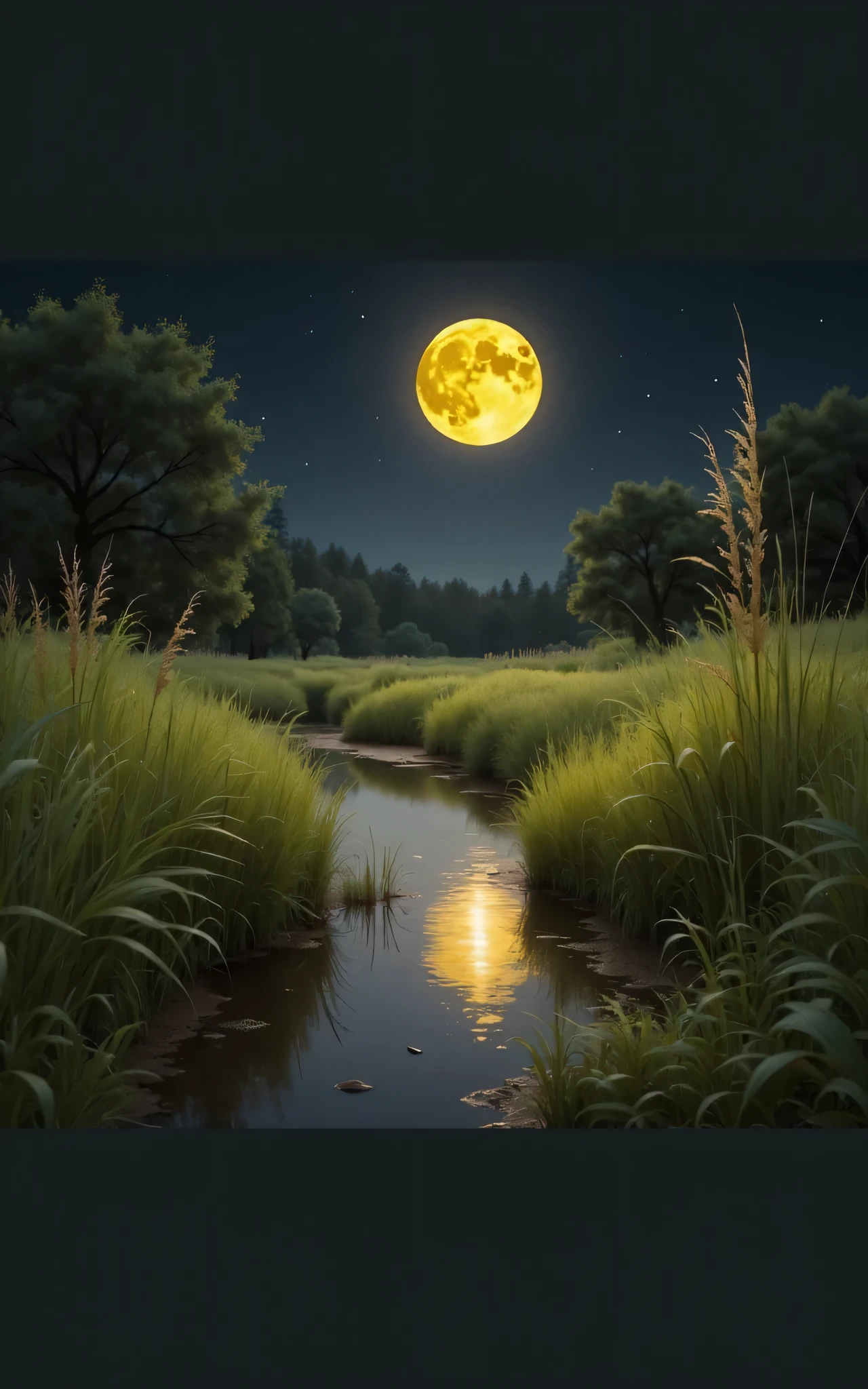 Grassy vivid surface, night time, golden charming moon, starry sky, woods, hyperdynamic, hyperealistic , 4k uhd