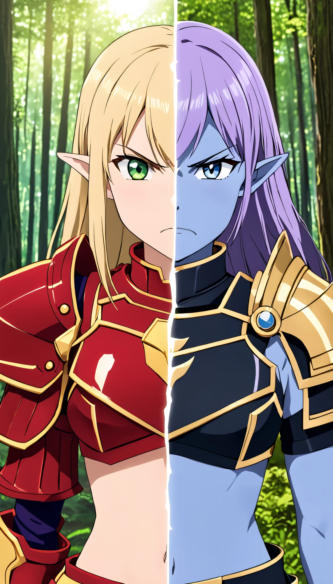 masterpiece, best quality, SplitScreen, split screen, forest background, 25 years old, pointy ear, BREAK 1girl, right side, right Blonde hair, right Green eye, Rounded Armored, right Red armored crop top, gold trim, right red shoulder pad, right natural skin tone, slender body, Abdomen, navel, angry expression, 
masterpiece, best quality, SplitScreen, split screen, forest background, 25 years old, pointy ear, BREAK 1girl, left side, left Purple hair, left Blue Eye, left Crystallize Armored, left dark Purple armored crop top, Gold trim, left dark Purple shoulder pad, left blue skin tone, slender body, Abdomen, navel, angry expression