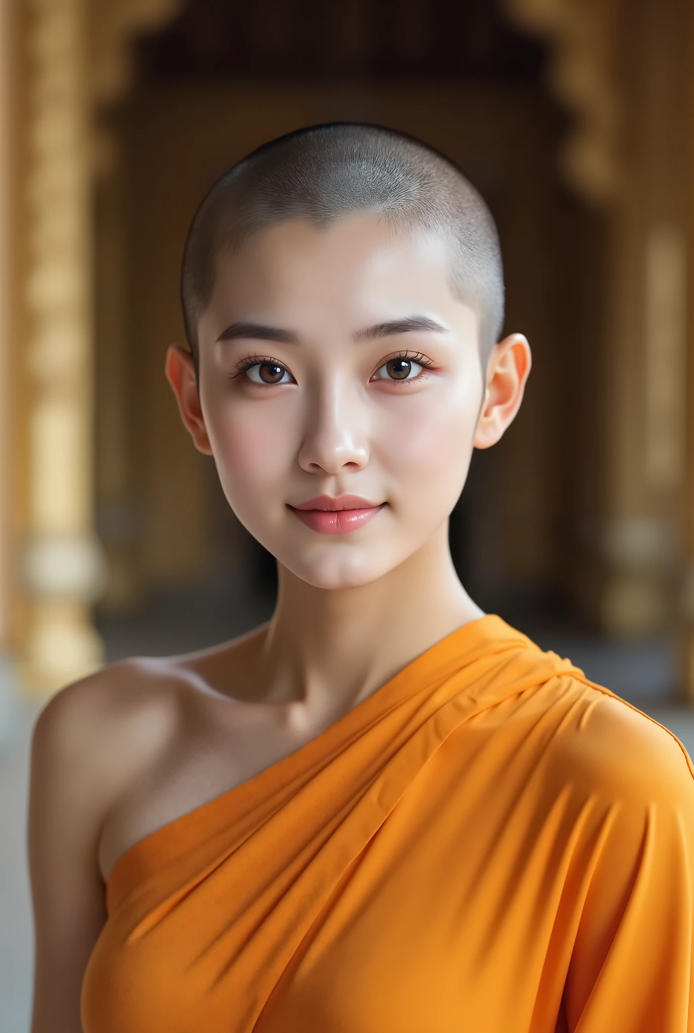 (( Hairstyle Has Her Head Shaved , survivor )), (Cute Thai Woman ), Nun Wore Orange Clothes, Age 20, 8k, photoshoot, photorealism, portrait , professional lighting , 85mm lens, allows depth of field, The skin has a delicate glow, Eye color: black , Eyes rise, eyes are slightly apart , full lips , chubby, (Yuko Oshima), Thai Temple