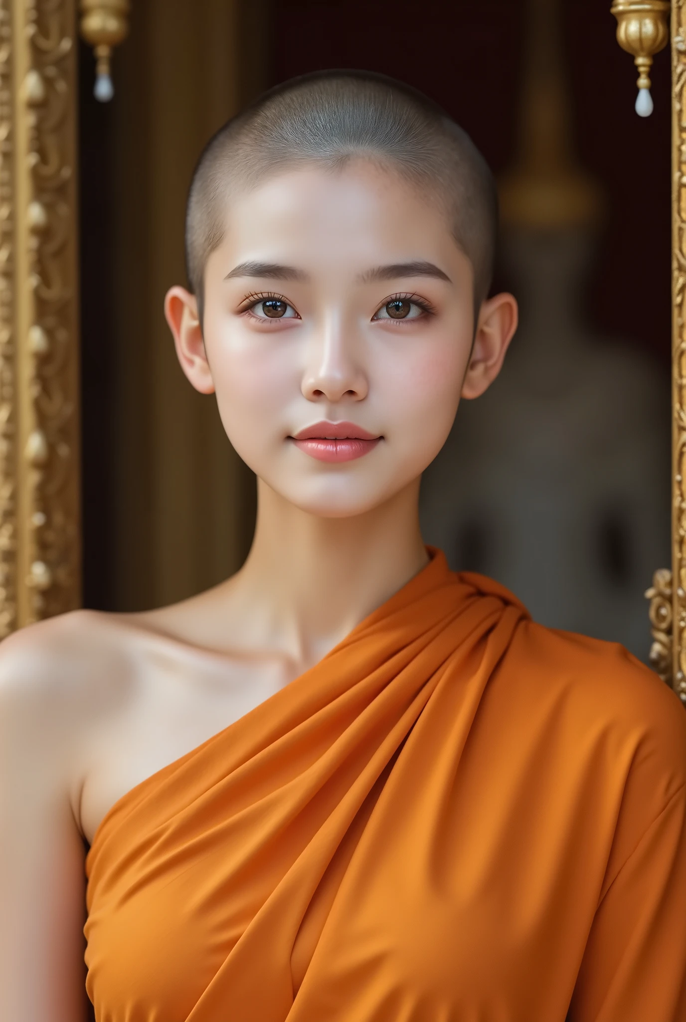 (( Hairstyle Has Her Head Shaved ,  survivor )), (Cute Thai Woman ),  Nun Wore Orange Clothes, Age 20, 8k,  photoshoot,  photorealism,  portrait ,  professional lighting , 85mm lens,  allows depth of field, The skin has a delicate glow,  Eye color: black , Eyes rise,  eyes are slightly apart ,  full lips ,  chubby, (Yuko Oshima), Thai Temple 