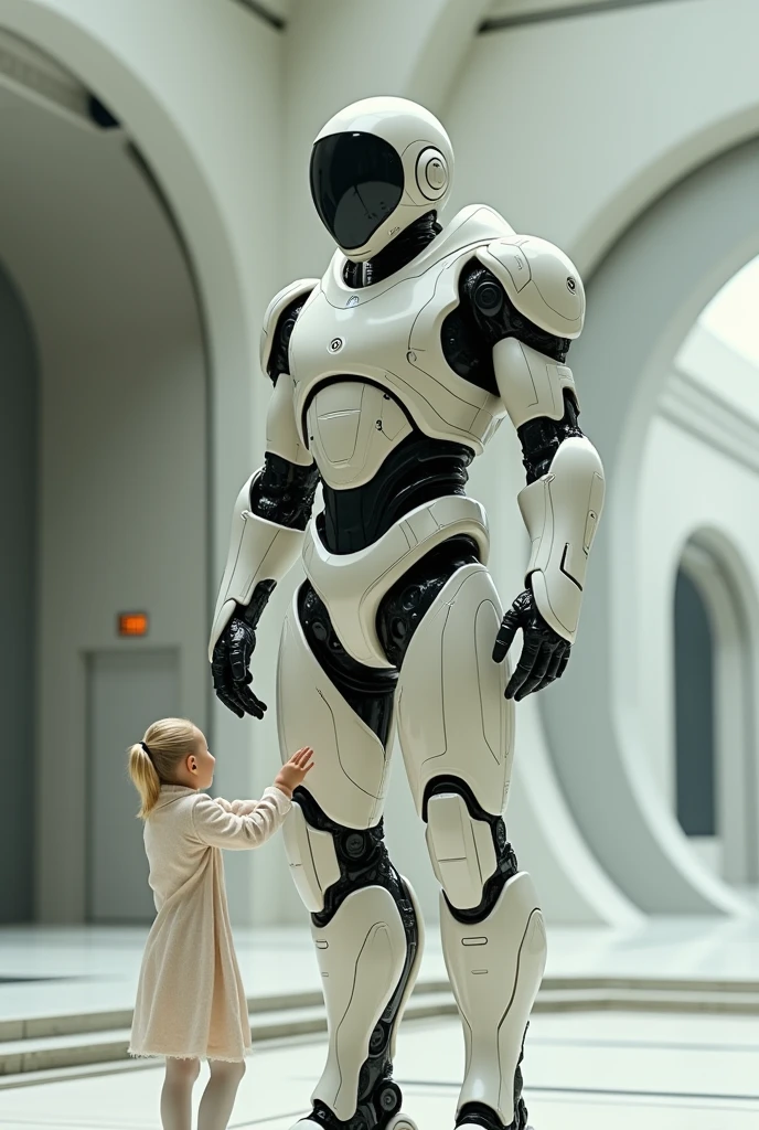 (Robot butler holds a cute human baby in the park), Robot butler takes care of baby throughout the process. The head is equipped with a high-definition analog face display, Warm and friendly smile, Happy, Wearing holographic white butler uniform dress suit, Future character design, scientific fiction, Black technology, 3D, cyber punk style
,