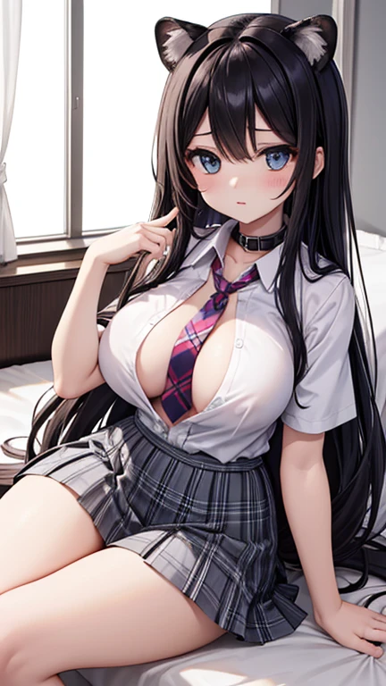 (masterpiece, highest quality), 1 girl, (ALGL:1), (ALGLZion, Zion:1), (Zion hair:1), (Zion eyes:1), chest, medium chest, large chest, looking at the viewer, All limbs, full finger,  Woman in white collared shirt, bare breasts, A woman wearing a blue and black plaid miniskirt, skirt lift,  woman wearing a blue tie nsfw, nsfw, embarrassed, lying, cum in pussy, bed, sweat