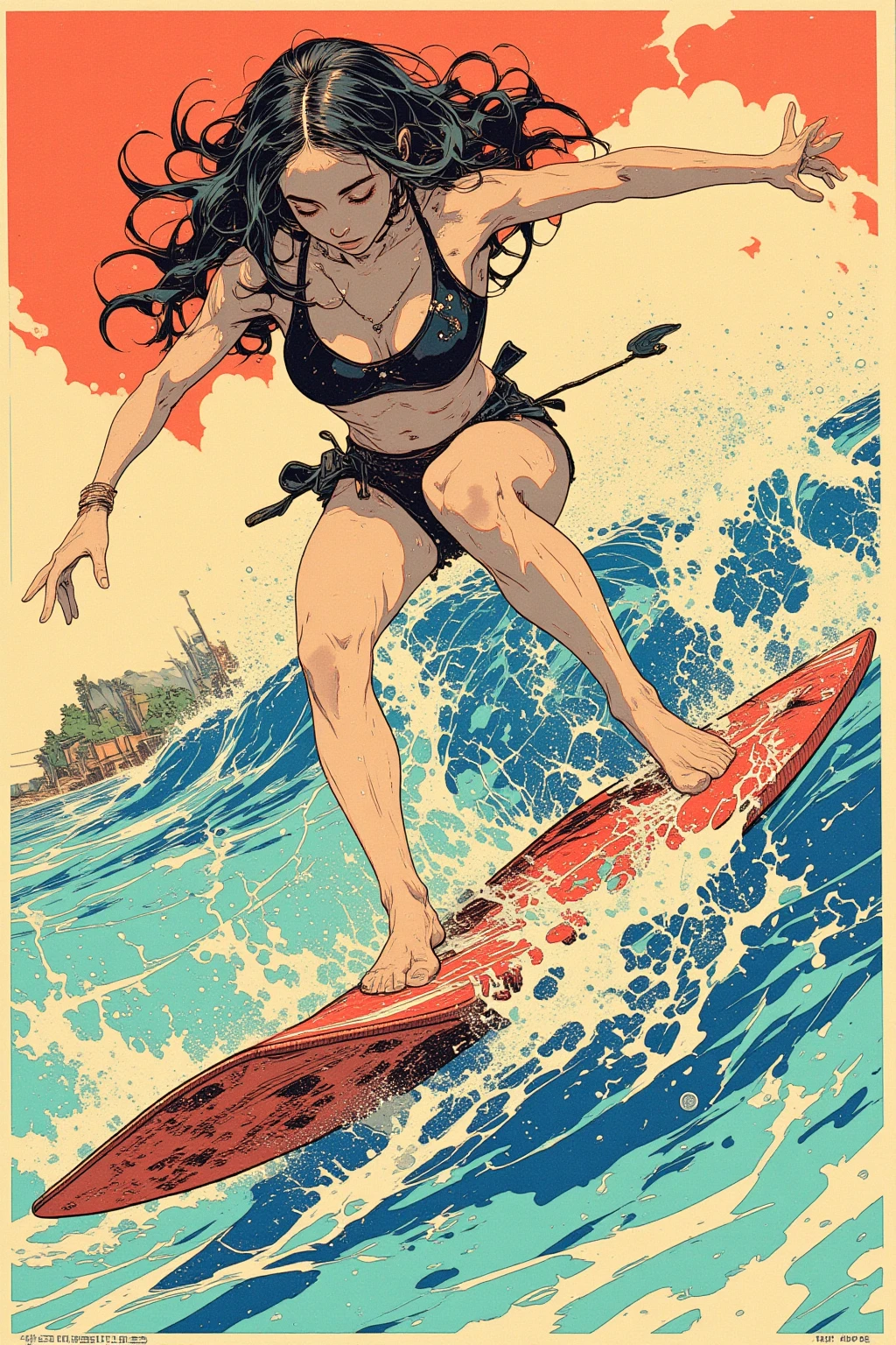 (High quality, Ultra detailed, best quality, insanely detailed, beautiful, masterpiece:1.3), ((pop art:1.2)), Japanese girl, Japanese idol, clear eyes, full body, busty, wearing a red bikini, standing, long eyelashes, smile, small nose, medium hair, black hair, facing forward, looking at the camera, highly detailed and cleanly rendered, BREAK simple green background