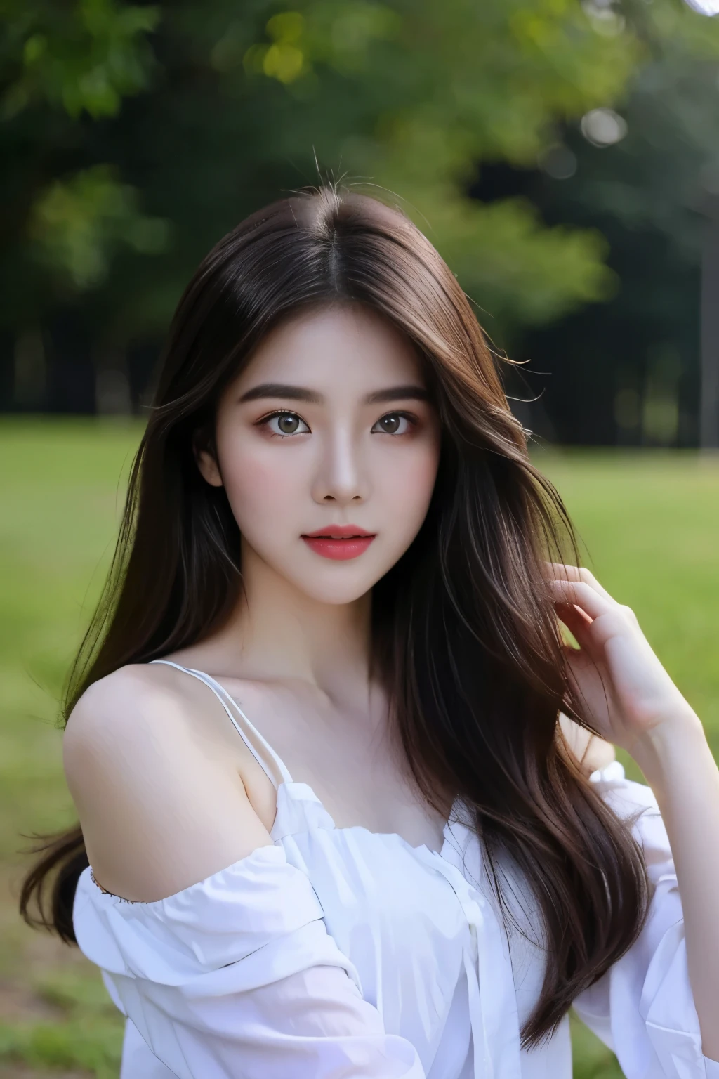 ((Masterpiece, RAW Photo, high quality, super detailed)), 1 girl, best quality, Delicate face，Delicate face，Perfect face, ((lying silkworm eyes)), pale skin, (realistic, photo-realistic:1.3), simple outfit, in the modern park, (full body photography), ombre hair, brown red hair