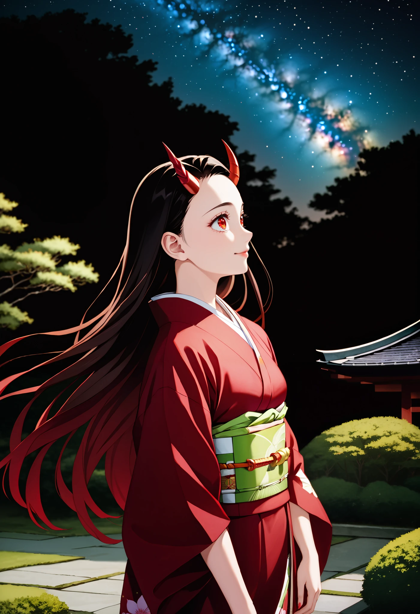 score_9, score_8_up, score_7_up, (Demon Slayer, Kimetsu no yaiba style), (nezuko kamado), (1girl, solo), 20years old, (black long hair, smooth straight hair, asymmetrical parting hair:1.1), forehead, red eyes, (red demon horns:1.4), kimono, smile, (front view, looking up), (standing in the Japanese style garden, scenery), (night sky, milky way)