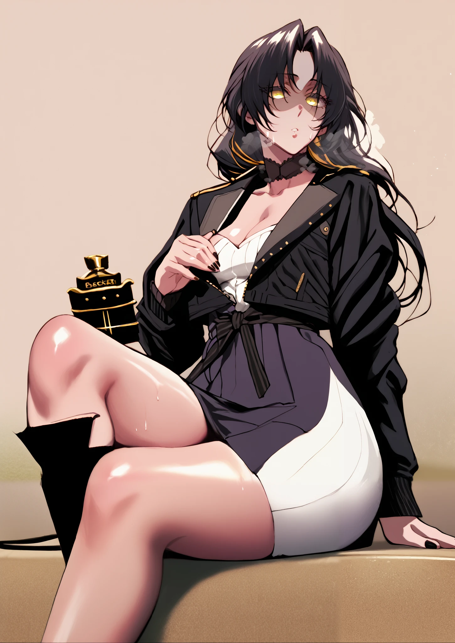 aRoodNoodle,artstyle, soft colors, pastel colors, desaturated, score_9, score_8_up, score_7_up, score_6_up, dominique de sade, long hair, black hair, parted bangs, yellow eyes, anime coloring, anime screencap, shiny skin, (voluptuous:1.3), (thick:1.3), BREAK UHD, retina, masterpiece, accurate, anatomically correct, textured skin, super detail, high details, high quality, award winning, best quality, highres, 4K, black nails, makeup, eyelashes, excessive sweating, sweating, sweating drop, (gasping, heavy breathing:1.3), (skindentation:1.2), perfect eyes, beautiful eyes, eyelashes, makeup, detailed body, perfect body, BREAK, 1girl, breasts, glasses, medium breasts, cropped_jacket, dress, jacket, thighs, short_dress, sheep, looking_at_viewer, sitting, open_jacket, long_sleeves, open_clothes, crossed_legs, cleavage, hood, hooded_jacket, tatami, expressionless, shaded face,
