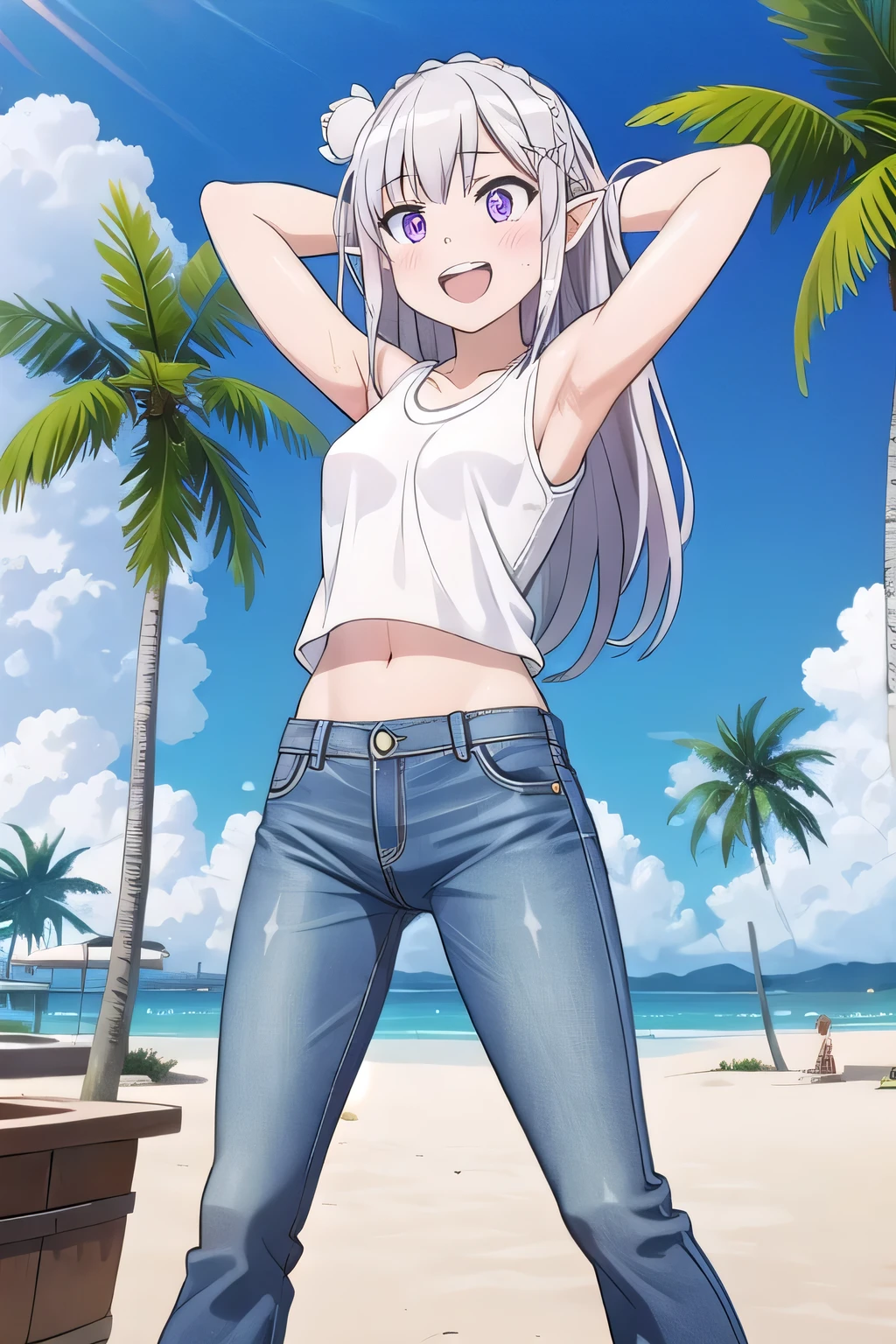 masterpiece,best quality,ultra detail, ((Perfect Face, Perfect Arms, Perfect hands, Perfect Fingers)), 1girl, , peti ((round face, ecstasy, orgasm face, drooping eyes, shame smiling, blush)), dropping eyes, sleepy, Open mouth, ((White teeth)), background((under the beach, (day:1.2), palm tree, bright sky)), emilia, braid, crown braid, flower, hair flower, hair ornament, hair ribbon, long hair, pointy ears, (purple eyes:1.2), white hair, x hair ornament, ((arms behind head, hands behind head, fingers behind head)), contrapposto, spread armpits, looking at viewer,, (white tank top:1.2), (white crop top:1.2), (jeans pants:1.2, flares jeans:1.2, skinny jeans:1.2, blue jeans:1.2), standing, (legs spread:1.4), sex pose, Sweaty crotch, Steam from the crotch, from below, ((full medium body))