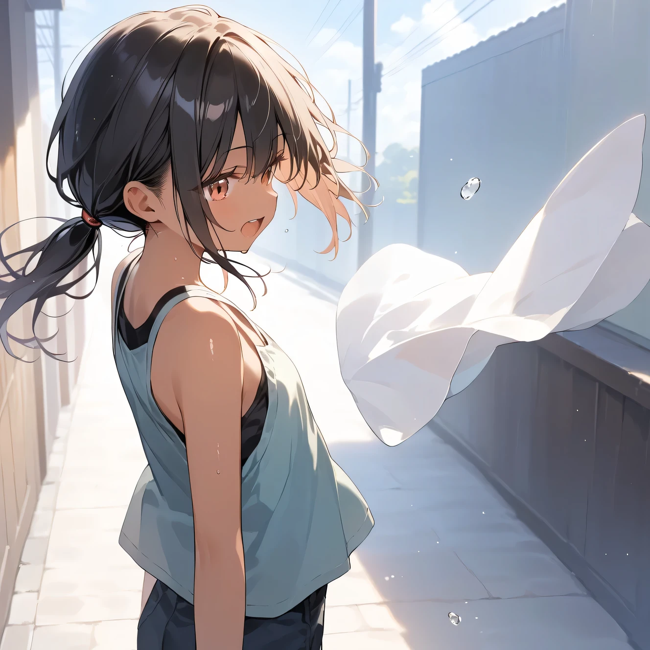 score_9, score_8_up, score_7_up, source_anime, best quality, masterpiece, official art, absurdres, highres, ultra-detailed,waifu2x,Collection: Slice of Life,break,1girl, tomboy, dark-skinned female, short hair, low ponytail, flat chest, beautiful detailed eyes, shorts, sweat, open mouth, (yawn:0.3), sleepily, outdoors, wind,break,(clear line illustration:1.2), super detailed skin,very high resolution, very aesthetic, Best sexual lighting powered by famous artist, 8k,cute picture,beauty illustration,photoshop_(medium),,(Detailed Lighting),best anime 8k konachan wallpaper, pixiv contest winner, 