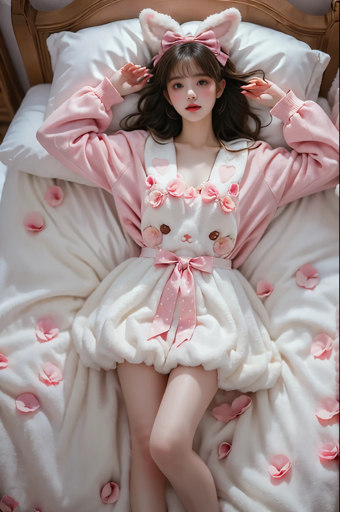 cyb dress,rabbit dress,white dress,rabbit skirt,shirt,animal print shirt,long sleeves,bow,pink bow,rabbit ears,rabbit print
,,(photorealistic:1.2), (from above:1.3), beautiful woman, (Full bust, visible cleavage, very short hemline), (A lot of scattered rose petals, flying petals), fashion model, long legs, laying on luxury bed in classical romantic bedroom, knee bent upward, delicate fingers lifting skirt hem to thigh, (perfect body proportions:1.3), anatomically correct legs, elegant pose, soft ambient lighting, shallow depth of field, 85mm lens, high-end fashion photography, detailed skin texture, fine fabric details, (high quality:1.4), masterpiece, 8k uhd