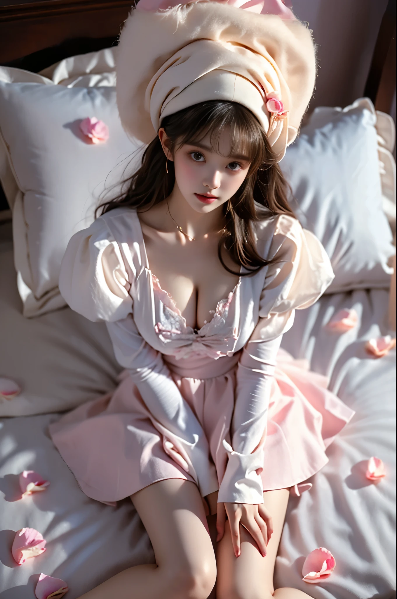 dress,white thighhighs,twin braids, (masterpiece, best quality:1.2), 1girl, solo, ((bare shoulders)), (actual:1.37), ((lying on a beach)), ((Bird&#39;s eye view shot)), Sweet maiden, beautiful妆容, Exquisite makeup, Extremely beautiful eyes, long hair, curls, slim body, ((big breasts, Big breasts, cleavage)), Sexy slender legs, The skirt is short, Leaking sexy legs, elegant posture, Dynamic posing, best quality, correct, correct的手, correct的腿, 解剖学correct, official art, complex, detail的脸, detail, lifelike, Very detailed, amazing, beautiful, Young and energetic, Charming model, Meticulous CG Uniform 8k wallpaper