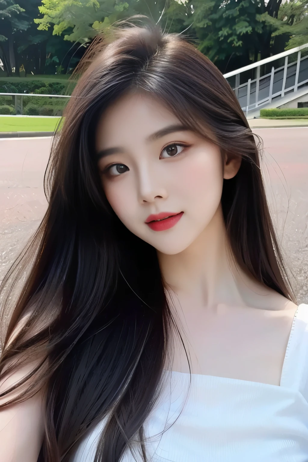 ((Masterpiece, RAW Photo, high quality, super detailed)), 1 girl, best quality, Delicate face,Delicate face,Perfect face, ((lying silkworm eyes)), pale skin, (realistic, photo-realistic:1.3), simple outfit, in the modern park, (full body photography), ombre hair, brown red hair