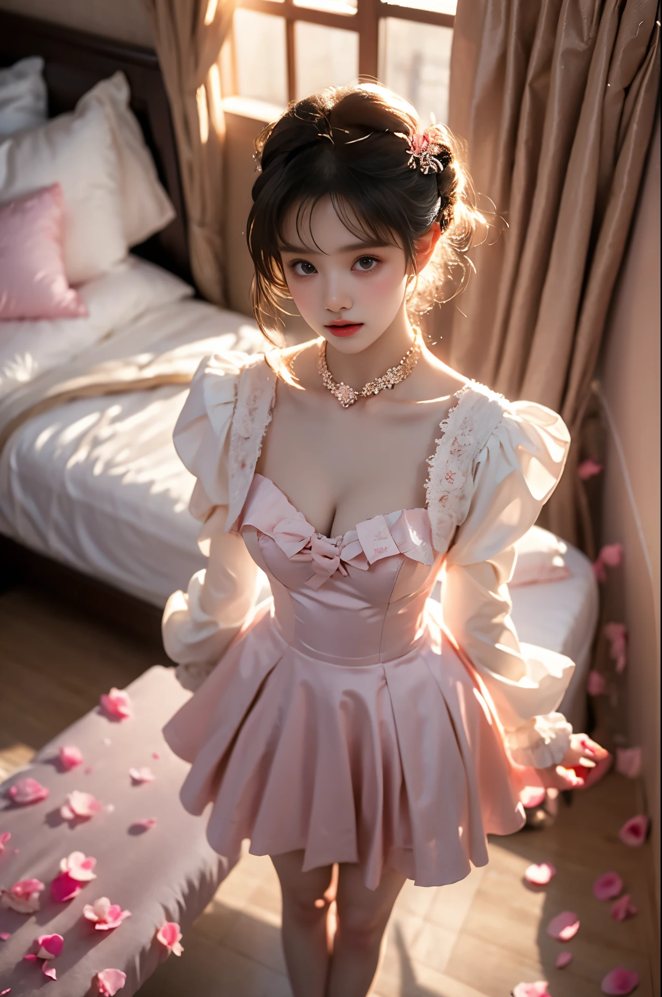 cyb dress, long sleeves, puffy long sleeves, bow, pink dress,,(photorealistic:1.2), (from above:1.3), beautiful woman, (Full bust, visible cleavage, very short hemline), (A lot of scattered rose petals, flying petals), fashion model, long legs, laying on luxury bed in classical romantic bedroom, knee bent upward, delicate fingers lifting skirt hem to thigh, (perfect body proportions:1.3), anatomically correct legs, elegant pose, soft ambient lighting, shallow depth of field, 85mm lens, high-end fashion photography, detailed skin texture, fine fabric details, (high quality:1.4), masterpiece, 8k uhd
