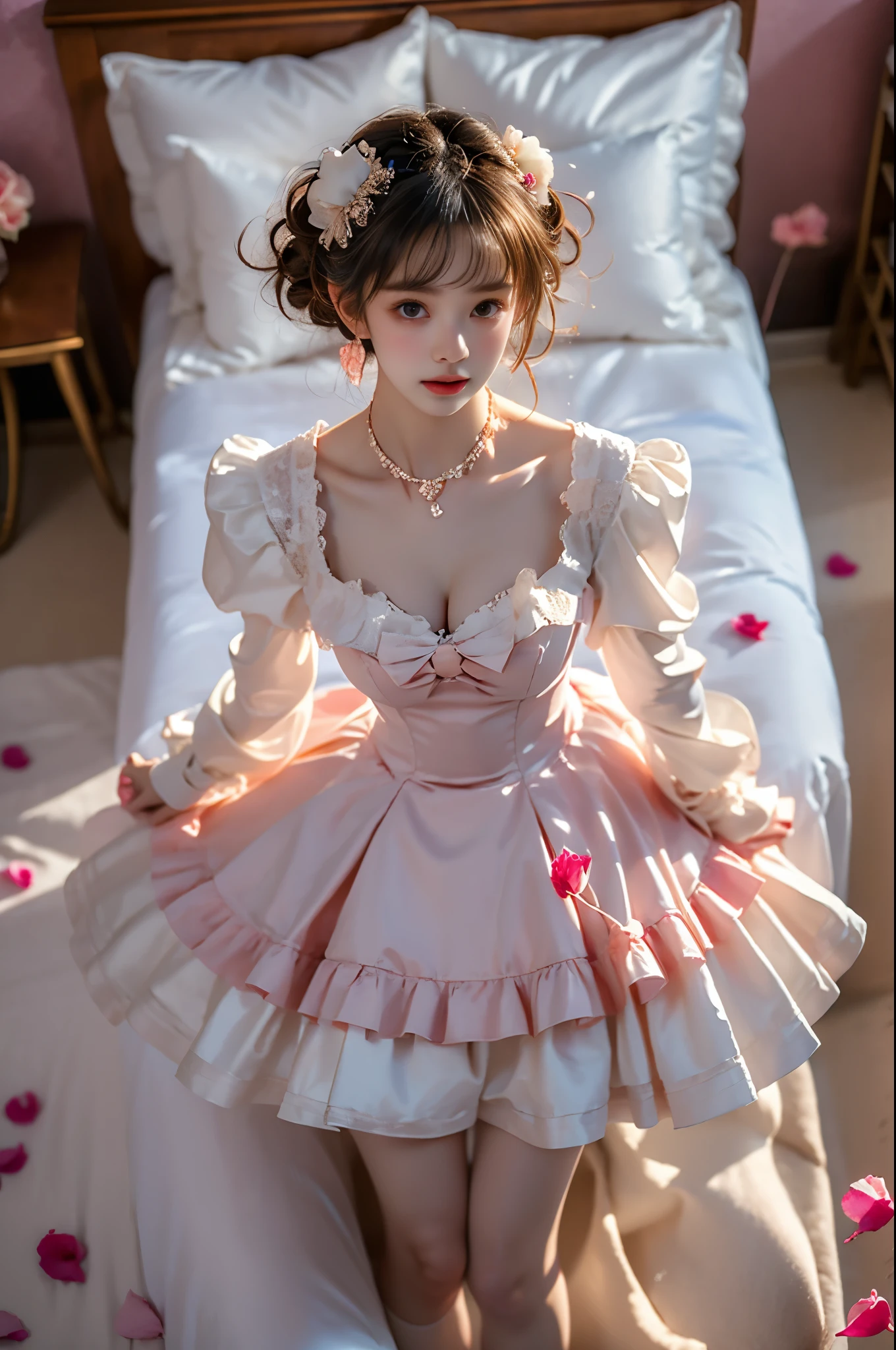 cyb dress, long sleeves, puffy long sleeves, bow, blue dress,,(photorealistic:1.2), (from above:1.3), beautiful woman, (Full bust, visible cleavage, very short hemline), (A lot of scattered rose petals, flying petals), fashion model, long legs, laying on luxury bed in classical romantic bedroom, knee bent upward, delicate fingers lifting skirt hem to thigh, (perfect body proportions:1.3), anatomically correct legs, elegant pose, soft ambient lighting, shallow depth of field, 85mm lens, high-end fashion photography, detailed skin texture, fine fabric details, (high quality:1.4), masterpiece, 8k uhd
