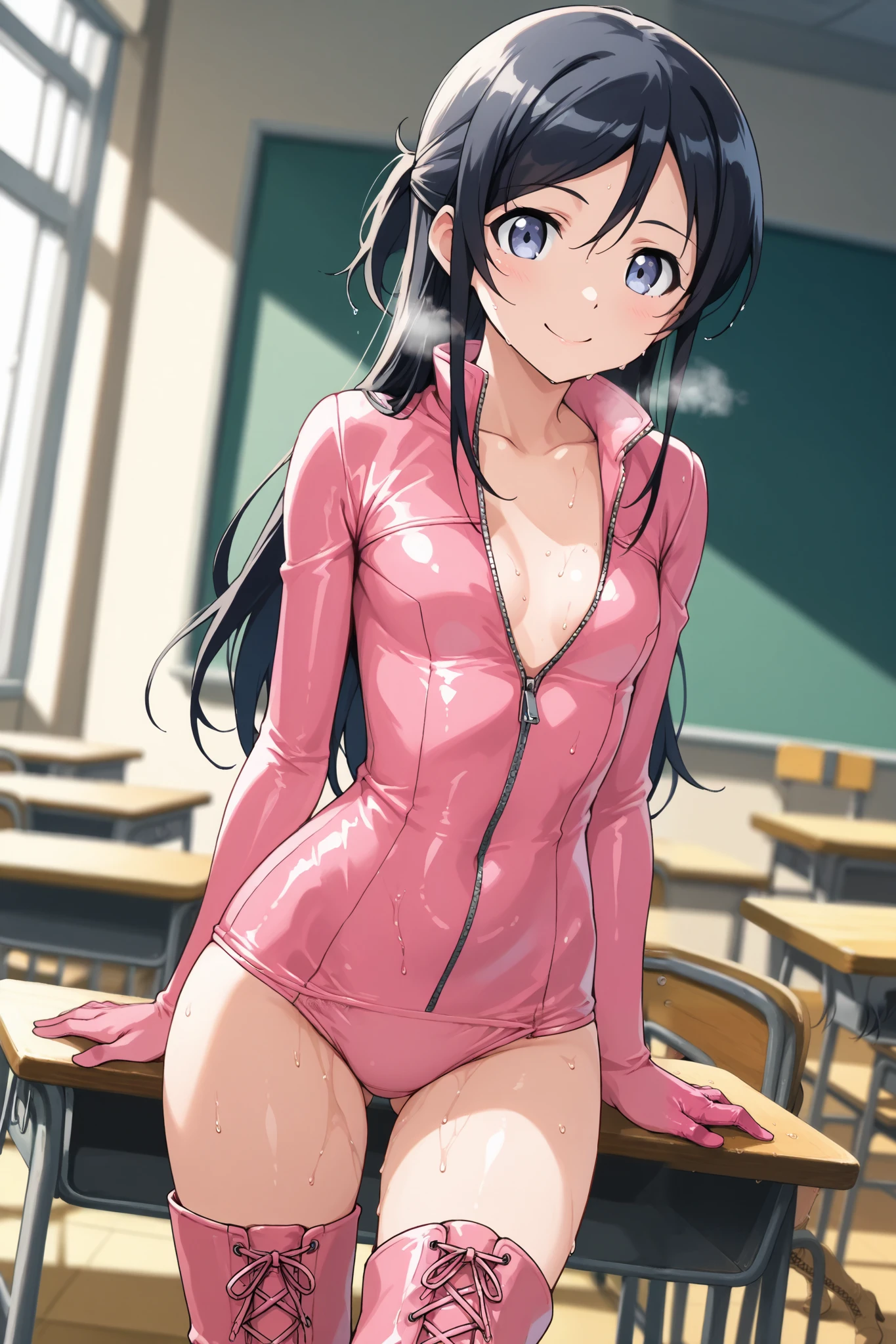 ayase_aragaki,1 female,solo,
I_,wet black hair,long hair,half updo,hair between eyes,blue eyes,
anime,looking at viewer,blurry background,
smile,classroom,school desk,school chair,chalkboard,
pink Leather bike suits (1.3),full-length zipper,open-chest,lace up boots,thigh-high boots,high heels,pink gloves,
beautiful legs,very thin thighs,thin calves,beautiful face,beautiful skin,small breast,nallow waist,butt close-up,smile,Sweaty,White Breath,I can see her panties,anatomically correct,
highest quality,masterpiece,high definition,soft lighting,
indoors,on bed,bed room,cowboy shot,dutch angle