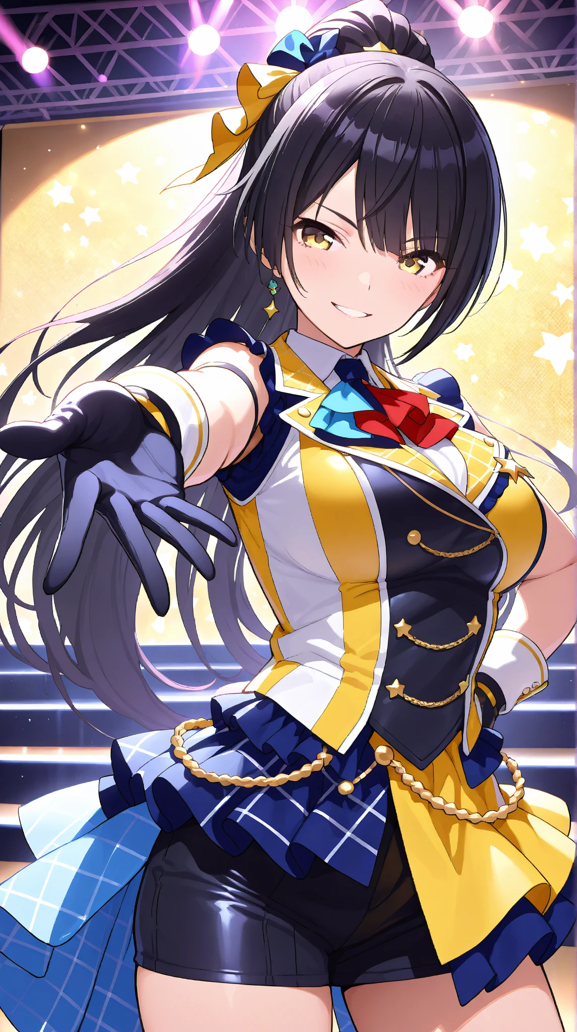 Super Idol A charming smile、Blue Long Hair、Twin-tailed、Engaging pose、Yellow and white leotard costume、Crystal jade、constellation、a moon、Fantastic background、