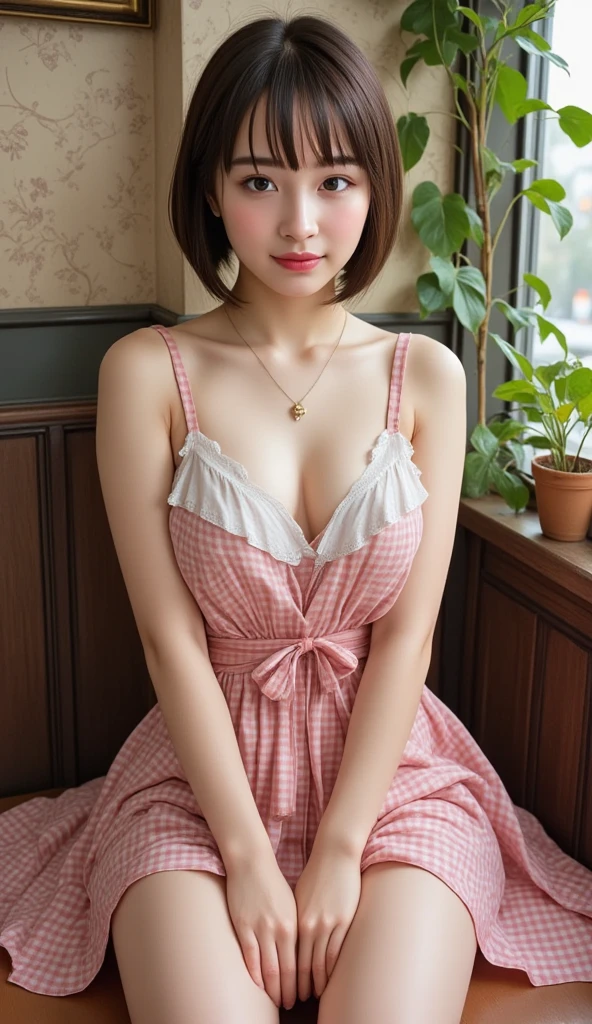 1girl, (clean appearance, radiant sense of happiness), (Adorable and sexy appearance:1.2), open mouth slightly, (big round eyes:1.15), (extremely detailed beautiful face), (Cute floral shirt with open chest), (bare shoulders:1.3), (Best Quality:1.4), (Ultra-detailed), (Ultra realistic, photo-realistic:1.37), beautiful fair skin, extremely detailed CG unified 8k wallpaper, raw photos, professional photograpy, cinematic lighting, (A cute pink floral wallpaper), (sitting on a cute fluffy sofa), spread legs wide open, Staring at me, fashionable, trendy,