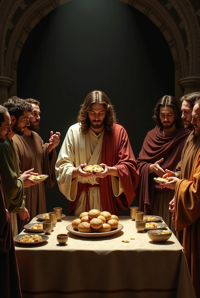 Jesus who breaks the bread and distributes it to the apostles at the ...