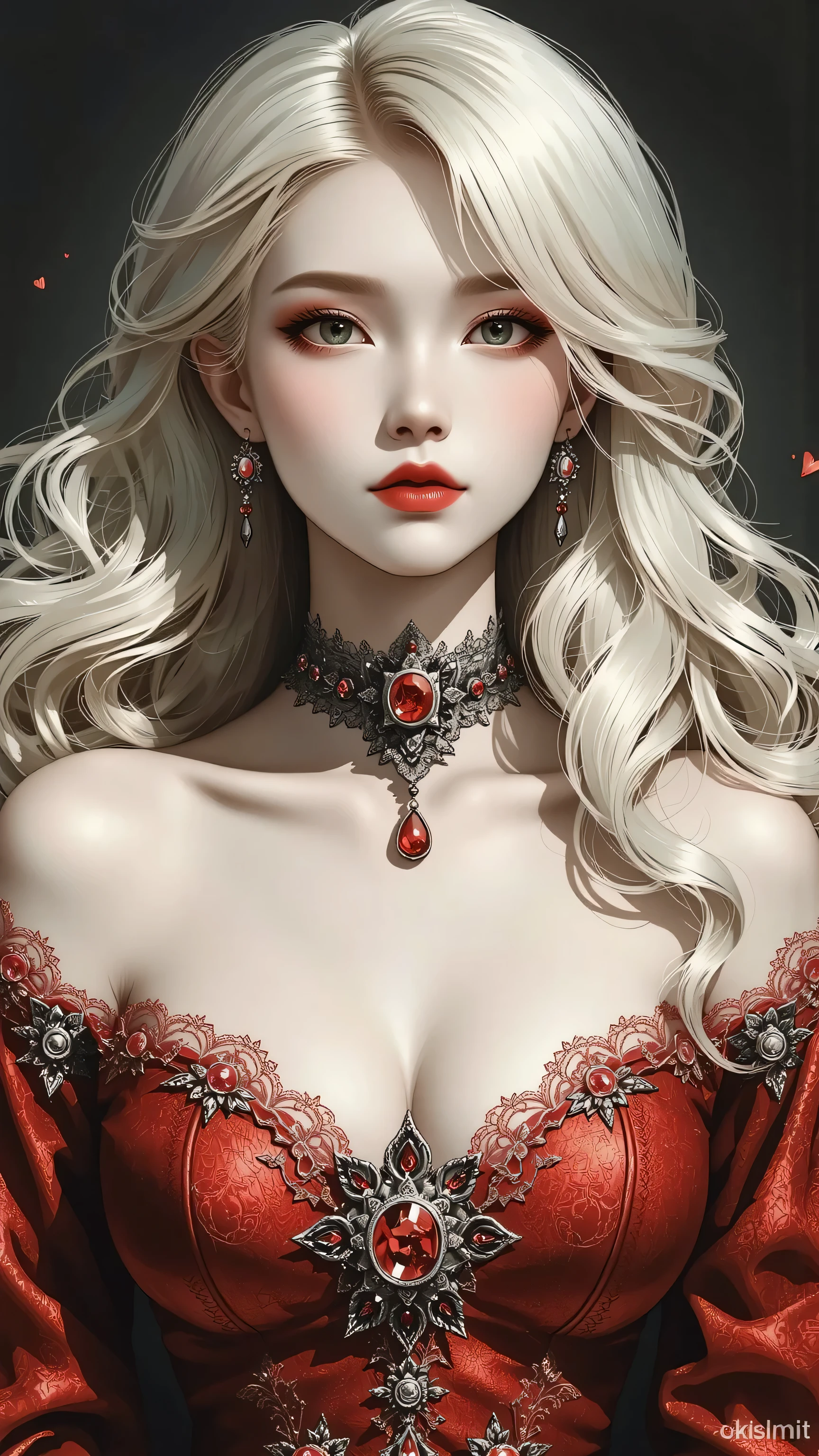 Kizi,Highly detailed, Amazing work,Vitreous luster,((clean backdrop)),In black,(((red colors))),white color,Best quality at best,clean backdrop, shiny skin, goth, plunging neckline, huge breasts, heavy blushing, (dramatic, gritty, intense:1.4),masterpiece, best quality, 32k uhd, insane details, intricate details, hyperdetailed, hyper quality, high detail, ultra detailed, Masterpiece,yssk's new concept, in the style of decadent illustrations, black and red, appropriation artist, meiji art,
