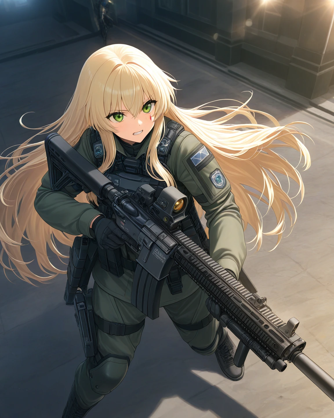 ((Highest quality)), ((masterpiece)), (detailed), (Perfect Face)、The woman is Tiare, a beautiful Stormtrooper with green eyes and medium-long blonde hair, carrying an assault rifle-type blaster.