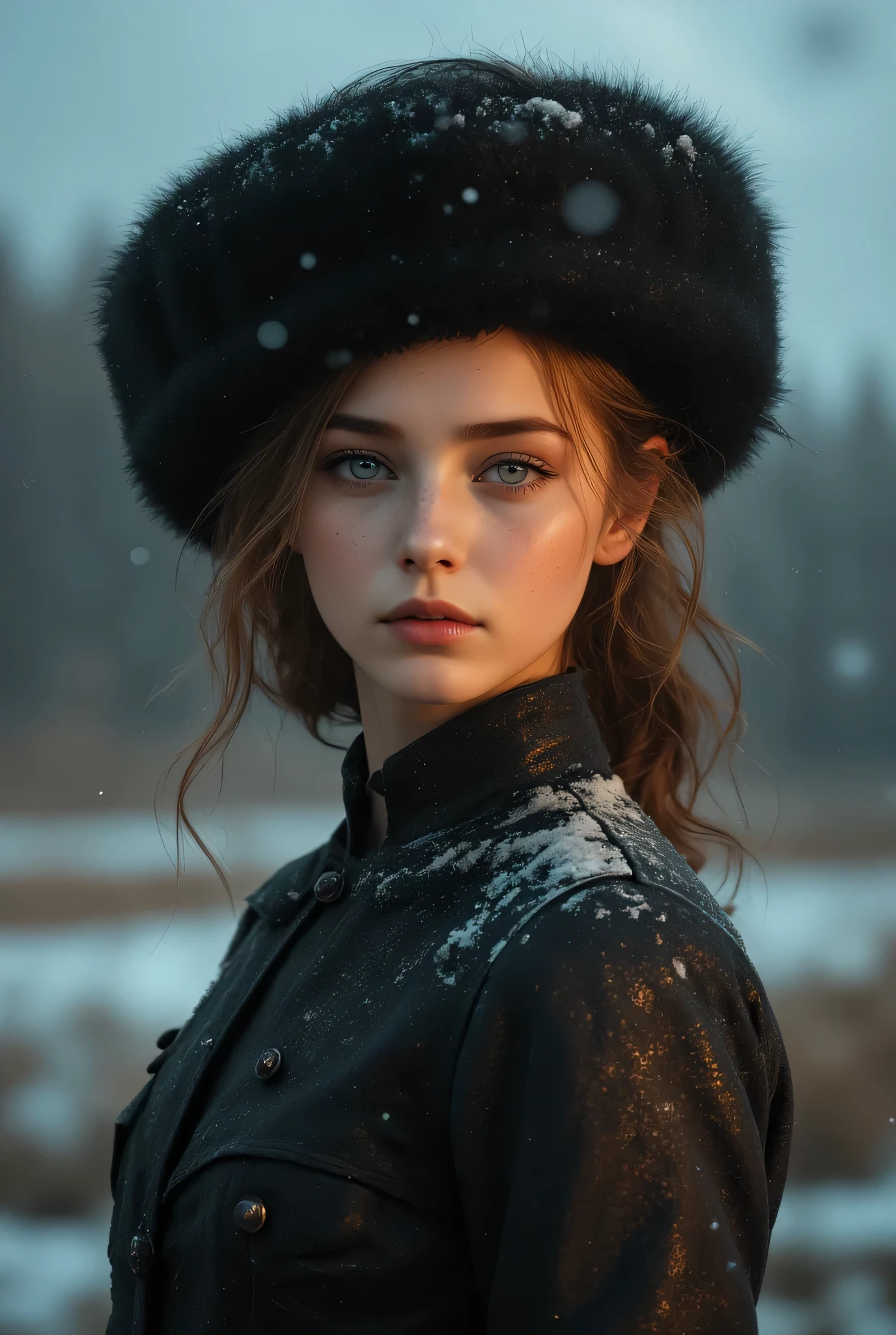 top quality, detailed background, girl, (), slim, Anxious face, Beautiful blue eyes in every detail, Beautiful eyelashes, elemener body shot), a beautiful girl, vivid colors, delicate features, elegant pose, graceful, serene,cinematic lighting, warm tones, (Russian landscape of the 1900s), (The whole surrounding land is covered with snow), (She is wearing a Russian fur hat and a Russian-style coat and is standing in a Russian landscape from the 1900s:1.2), (Dressed in Russian 1900s clothing:1.2), (Snow is falling), (Doctor Zhivago's Theme),
