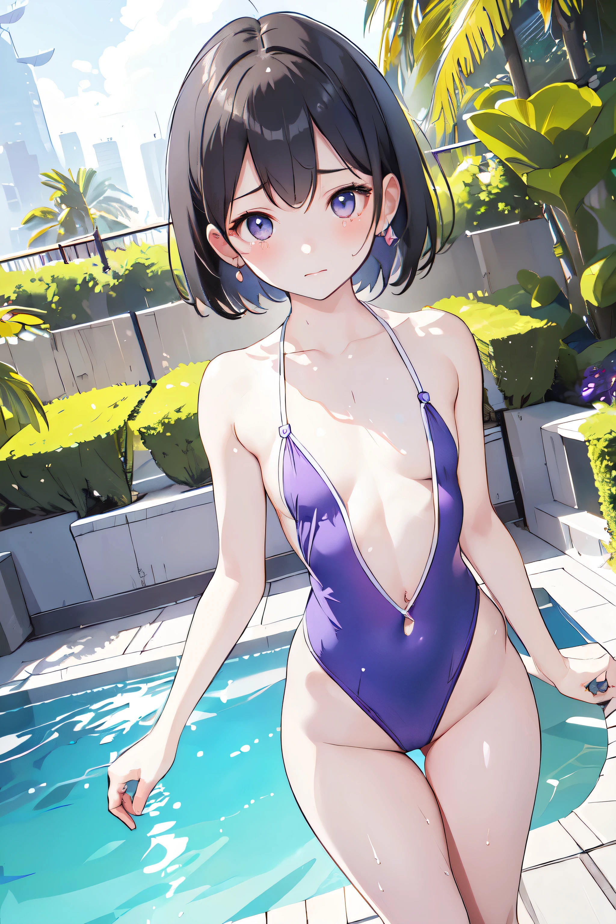 (Unity 16K Wallpaper, master part, best quality, ultra-detalhado, CG extremamente detalhado, caustics, Cinematic lighting, circunstanciado, belos olhos detalhados, sozinho,Piscina),Ultra high resolution, pele fina、sexy,Curby,NSFW,(sem roupas), olhos castanhos、seios pequenos,14 anos、de lado、entrar na piscina
