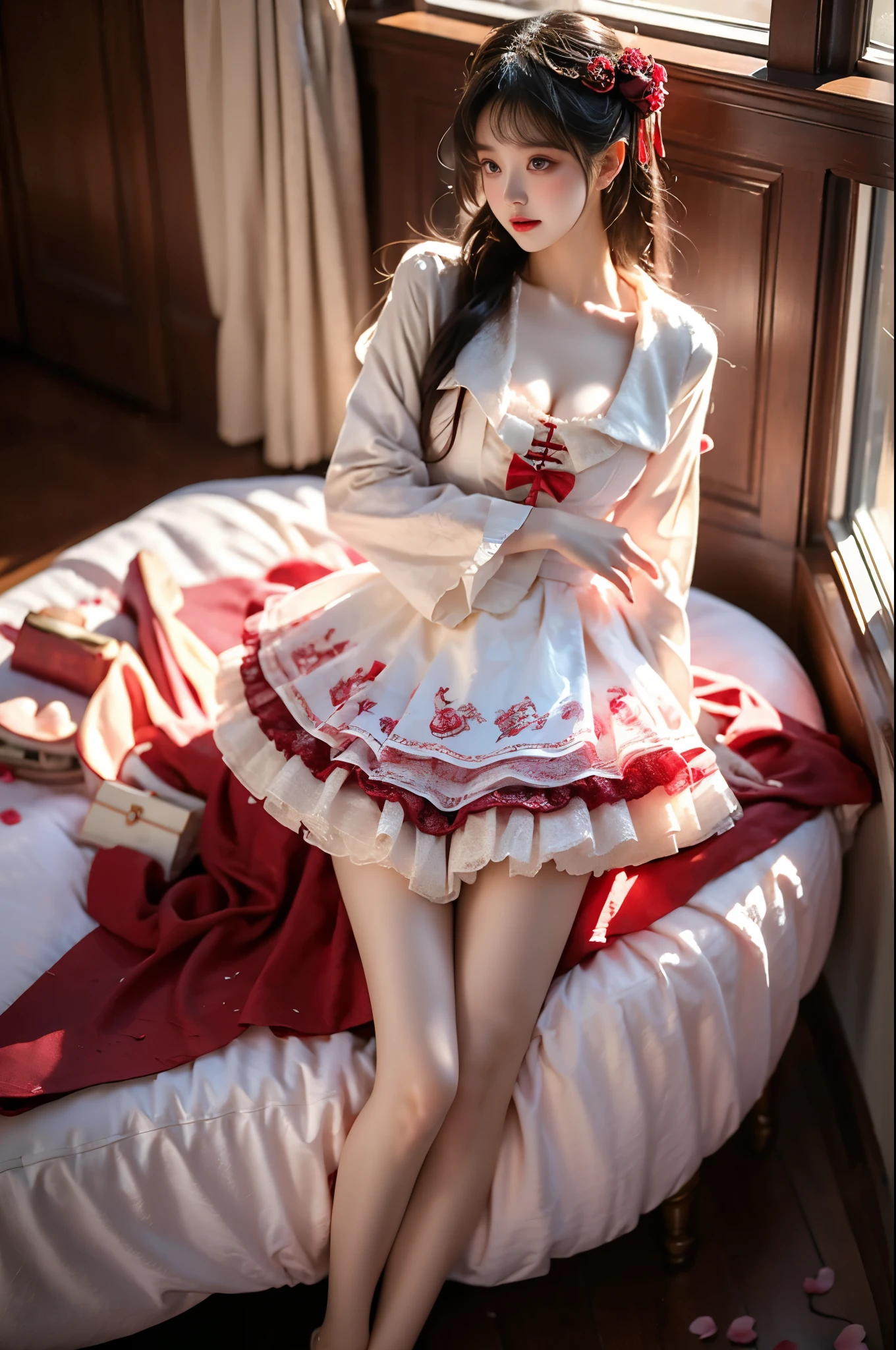 cyb dress, chinese clothes, long sleeves, capelet, frills, frilled dress, wide sleeves ,,(photorealistic:1.2), (from above:1.3), beautiful woman, (Full bust, visible cleavage, very short hemline), (A lot of scattered rose petals, flying petals), fashion model, long legs, laying on luxury bed in classical romantic bedroom, knee bent upward, delicate fingers lifting skirt hem to thigh, (perfect body proportions:1.3), anatomically correct legs, elegant pose, soft ambient lighting, shallow depth of field, 85mm lens, high-end fashion photography, detailed skin texture, fine fabric details, (high quality:1.4), masterpiece, 8k uhd