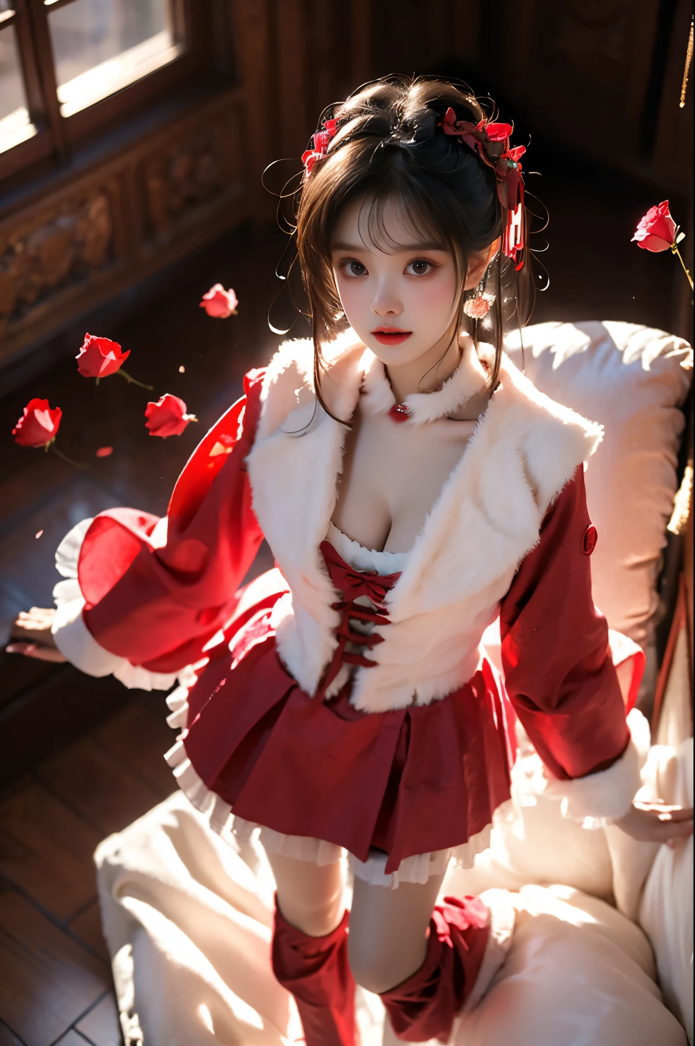 cyb dress, chinese clothes, long sleeves, capelet, frills, frilled dress, wide sleeves ,,(photorealistic:1.2), (from above:1.3), beautiful woman, (Full bust, visible cleavage, very short hemline), (A lot of scattered rose petals, flying petals), fashion model, long legs, laying on luxury bed in classical romantic bedroom, knee bent upward, delicate fingers lifting skirt hem to thigh, (perfect body proportions:1.3), anatomically correct legs, elegant pose, soft ambient lighting, shallow depth of field, 85mm lens, high-end fashion photography, detailed skin texture, fine fabric details, (high quality:1.4), masterpiece, 8k uhd