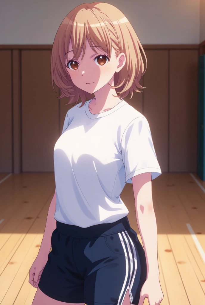 ((masutepiece, Best Quality, hight resolution, nffsw, Perfect Pixel, depth of fields, 4K, )), 1girl in, Solo, , Beautiful anime girl, Beautiful Art Style,
squatting:1.3, garden background, Looking back,
Perfect body, grin smile,
Yuigahama Yui, Hair bun, short hair, large breasts,
Full face blush, blue yoga pants, white tank, red face,
straight-on:1.3, medium shot