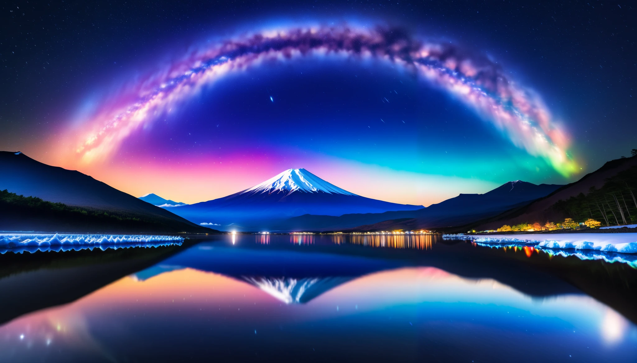 in ultra high quality, high definition , High Quality ,Spectacular views, the giant and realistic Milky Way galaxy that dazzles the night sky , sky full of stars,An unbelievable number of stars々The brilliance,(A majestic, bright Milky Way star on a vast glacier々and the auroras shine are reflected )、(( the huge Mt. Fuji that rises in the center )),((The huge and majestic Mt. Fuji))、The glacier extends to the horizon 、 Jagged ice layers and snow-covered mountain peaks 、 reflects the colorful light above 。 BREAK The stars twinkle in the dark and clear sky 、 The surrounding landscape is wrapped in the surreal glow of the Milky Way 、 creates a mysterious atmosphere 。 BREAK The cool and clear air adds color to the landscape 、 snow shines in the milky way and the gentle light of auroras、 The frozen wilderness is so calm that it seems unbelievable。An unbelievable amount of stars々,I can see lots of meteor showers ,