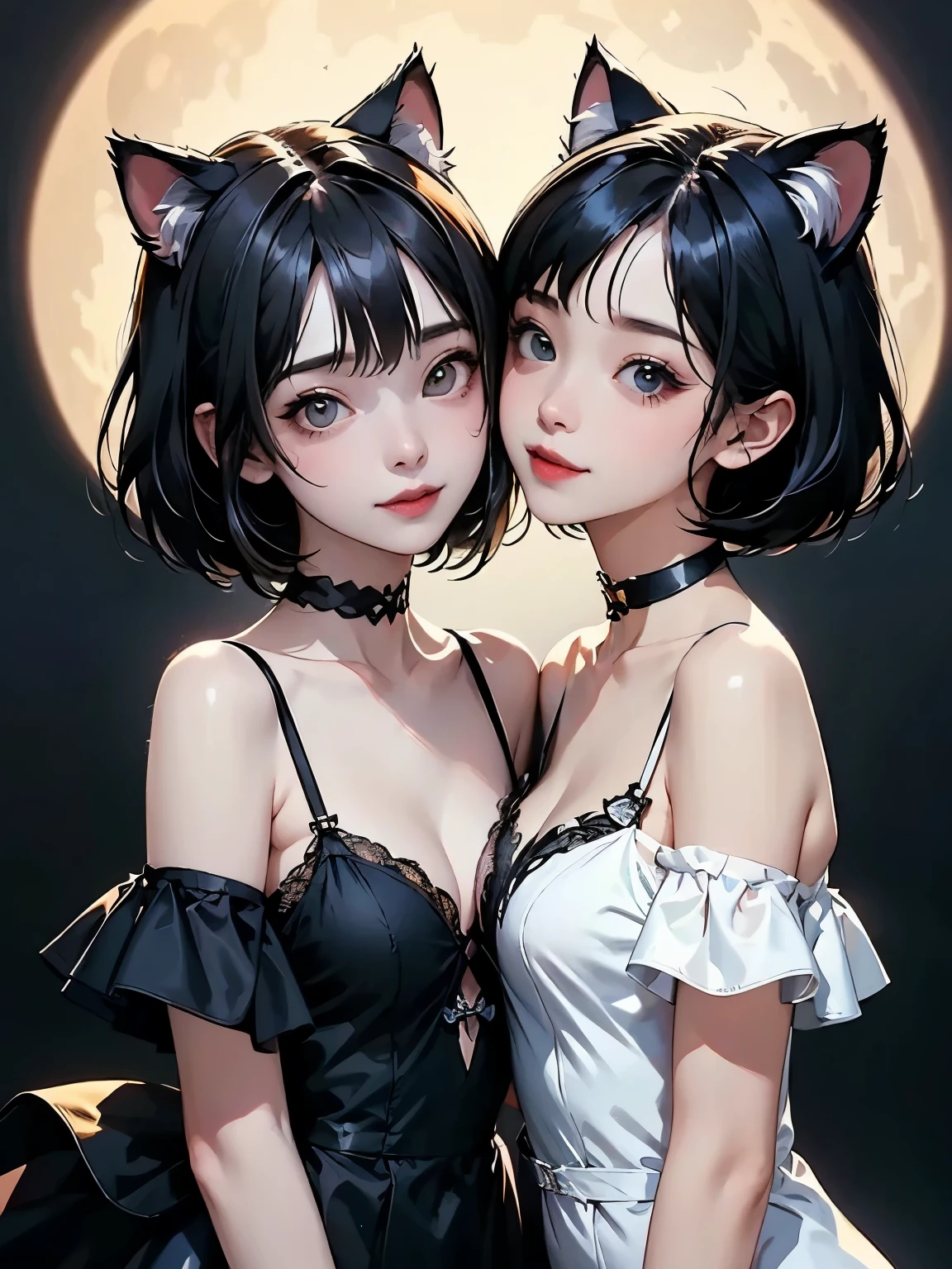 (  two girls :1.2)、whole body、(  Gothic World Tea Party :1.2)、(  gothic fashion :1.2)、(  they're kissing each other  )、 (  depict cute faces in detail  )、  black hair、  short hair while on a business trip、  semi-long、  bob cut、 bangs、  hair ornament 、(Cat ears)、  black cat costume、 White cat costume  、  choker 、(  lingerie)、  off shoulder 、  sexy mini dress、, , , charming smile、  small breasts、  soft focus、  cinematic lights  、Soft light、 (  simple background)、(  dark background  )、(( Use a plain background  ))、4K Anime Art、(  best quality  , Masterpiece,  high resolution)、