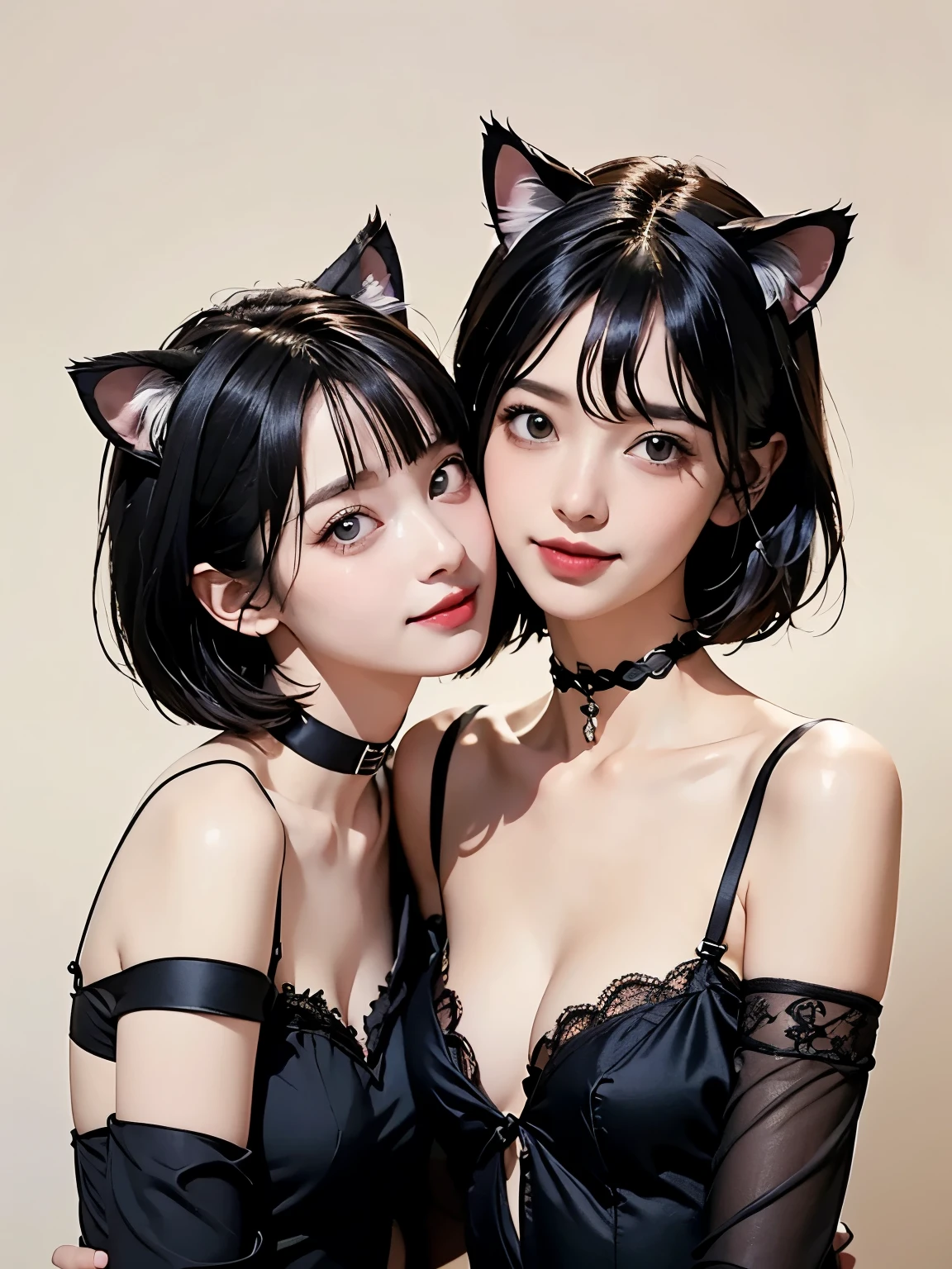 ( two girls :1.2)、whole body、( Gothic World Tea Party :1.2)、( gothic fashion :1.2)、( they're kissing each other )、 ( depict cute faces in detail )、 black hair、 short hair while on a business trip、 semi-long、 bob cut、 bangs、 hair ornament 、(Cat ears)、 black cat costume、 White cat costume 、 choker 、( lingerie)、 off shoulder 、 sexy mini dress、, , , charming smile、 small breasts、 soft focus、 cinematic lights 、Soft light、 ( simple background)、( dark background )、(( Use a plain background ))、4K Anime Art、( best quality , Masterpiece, high resolution)、