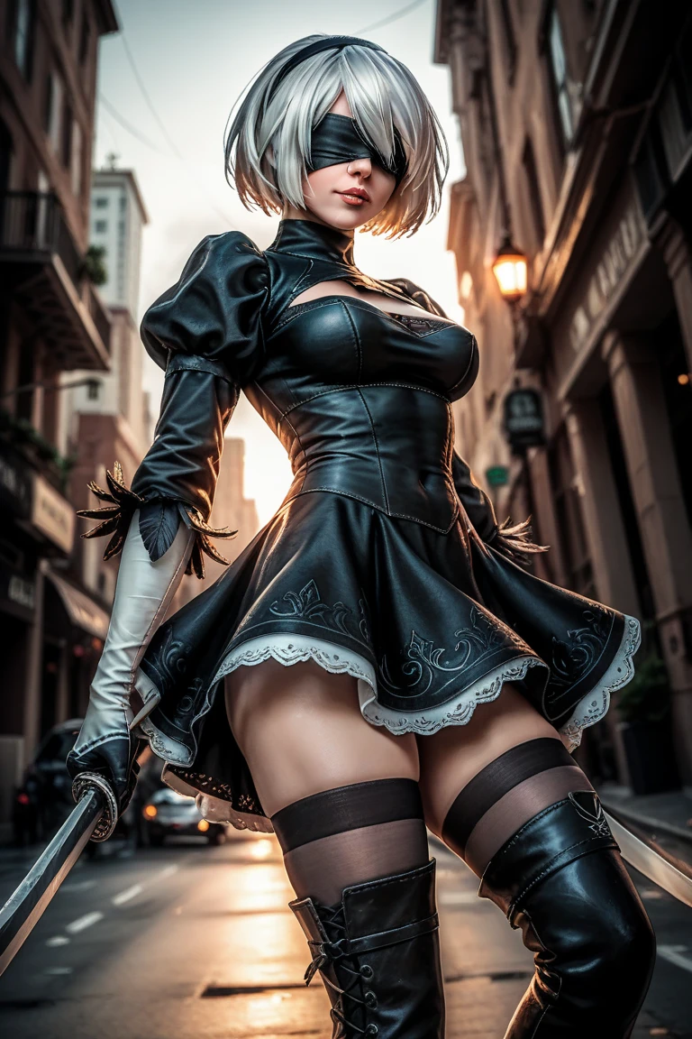 8K,Masterpiece,One woman,(Combat pose),Holding a Japanese sword,Smile,30 years old,blue eyes,White Hair,Short Bob Hair,(Gothic Lolita),Dutch beauty,Ella Freya(Ella Freya),(White panties),2b, short hair, Knee socks, gloves, Long sleeve, dress, Slender figure, Cleavage, Small breasts, Gray Hair, hair band, boots, Puffy sleeves, black Knee socks, Black footwear, Mole, black dress, High heels, leotard, Clothing cutouts, thigh boots, Cleavage cutout, black hair band, Juliet Sleeve, high heel boots,
