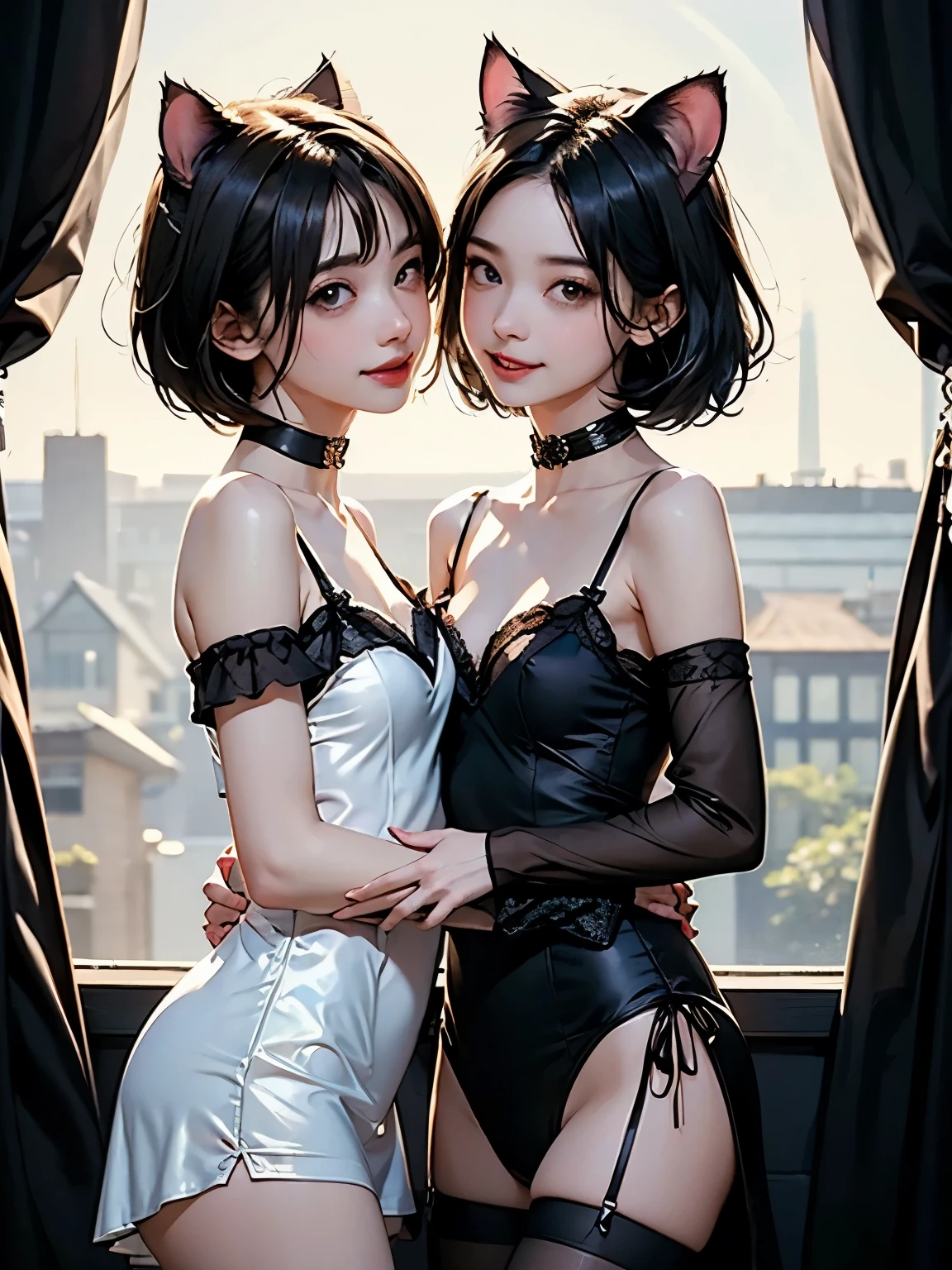 ((High quality)),masutepiece,(Detailed depiction of local details:1.2),1girl in,blue eyes,Plump breasts,Enchanted Valley,Closed mouth,Eyelashes,Portrait,solo,White hair,black theme,Short hair,Silver hair,yorha no. 2 Type B,(((White hair and black hair)))、((Lick each other's genitals)) Full body view、((Two girls dressed similarly))((Woman in white underwear、Woman in black underwear))((Two people smiling))((Light skin and dark skin))(((Black Hair、Dark Skin、Woman in Black Dress)))((white thong))((black thong))((Two people intertwined in a double bed))((cunnilingus))