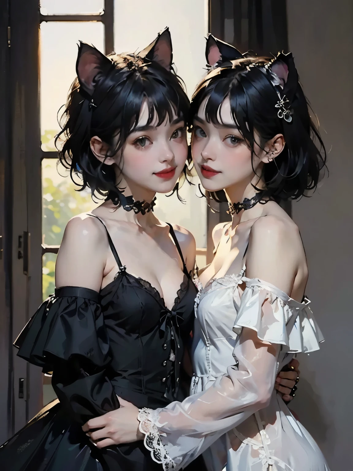 ( two girls :1.2)、whole body、( Gothic World Tea Party :1.2)、( gothic fashion :1.2)、( they're kissing each other )、 ( depict cute faces in detail )、 black hair、 short hair while on a business trip、 semi-long、 bob cut、 bangs、 hair ornament 、(Cat ears)、 black cat costume、 White cat costume 、 choker 、( lingerie)、 off shoulder 、 sexy mini dress、, , , charming smile、 small breasts、 soft focus、 cinematic lights 、Soft light、 ( simple background)、( dark background )、(( Use a plain background ))、4K Anime Art、( best quality , Masterpiece, high resolution)、